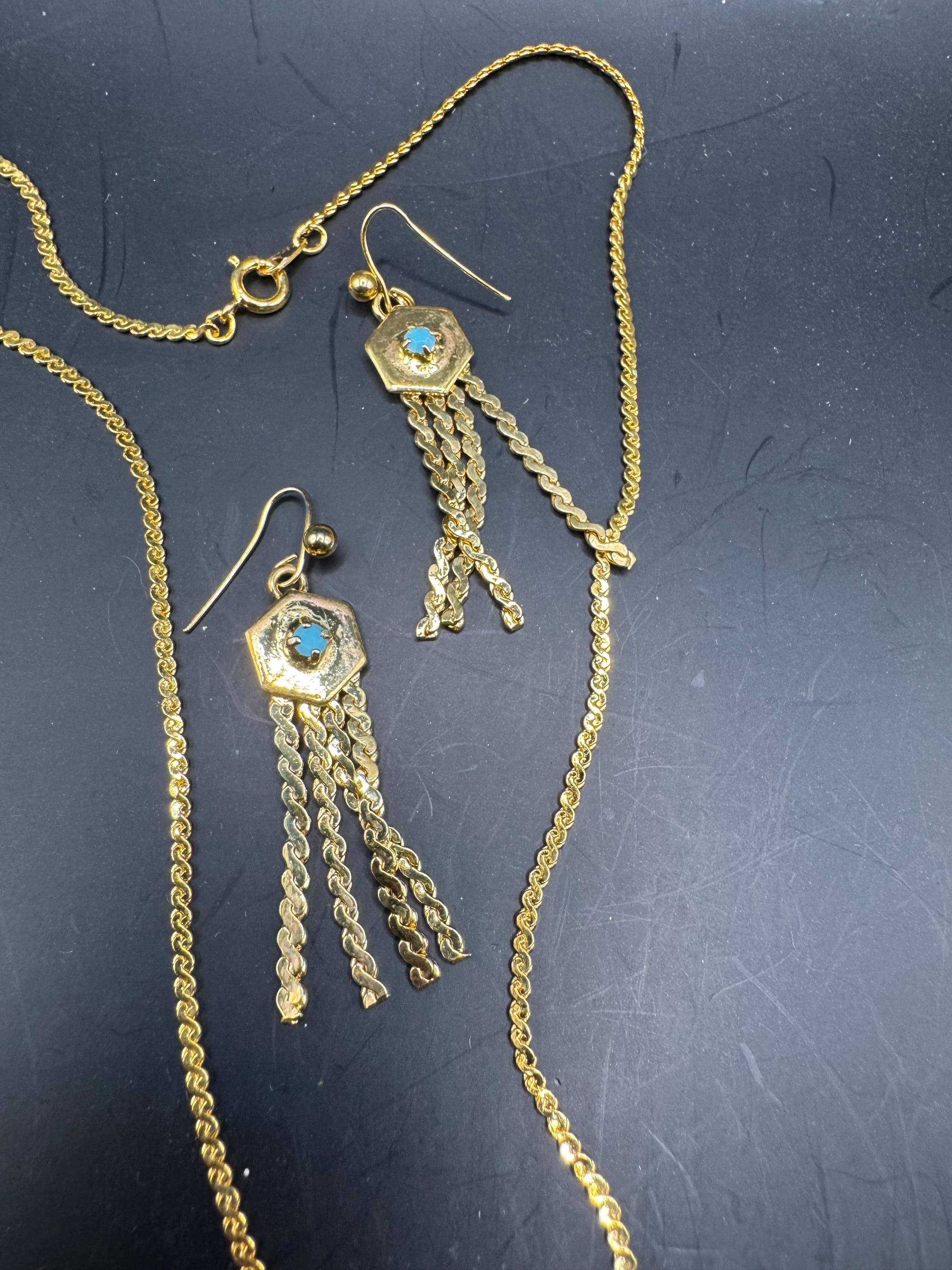 Vintage Turquoise rhinestone jewellery set, serpentine tassel necklace and earrings, gold plated