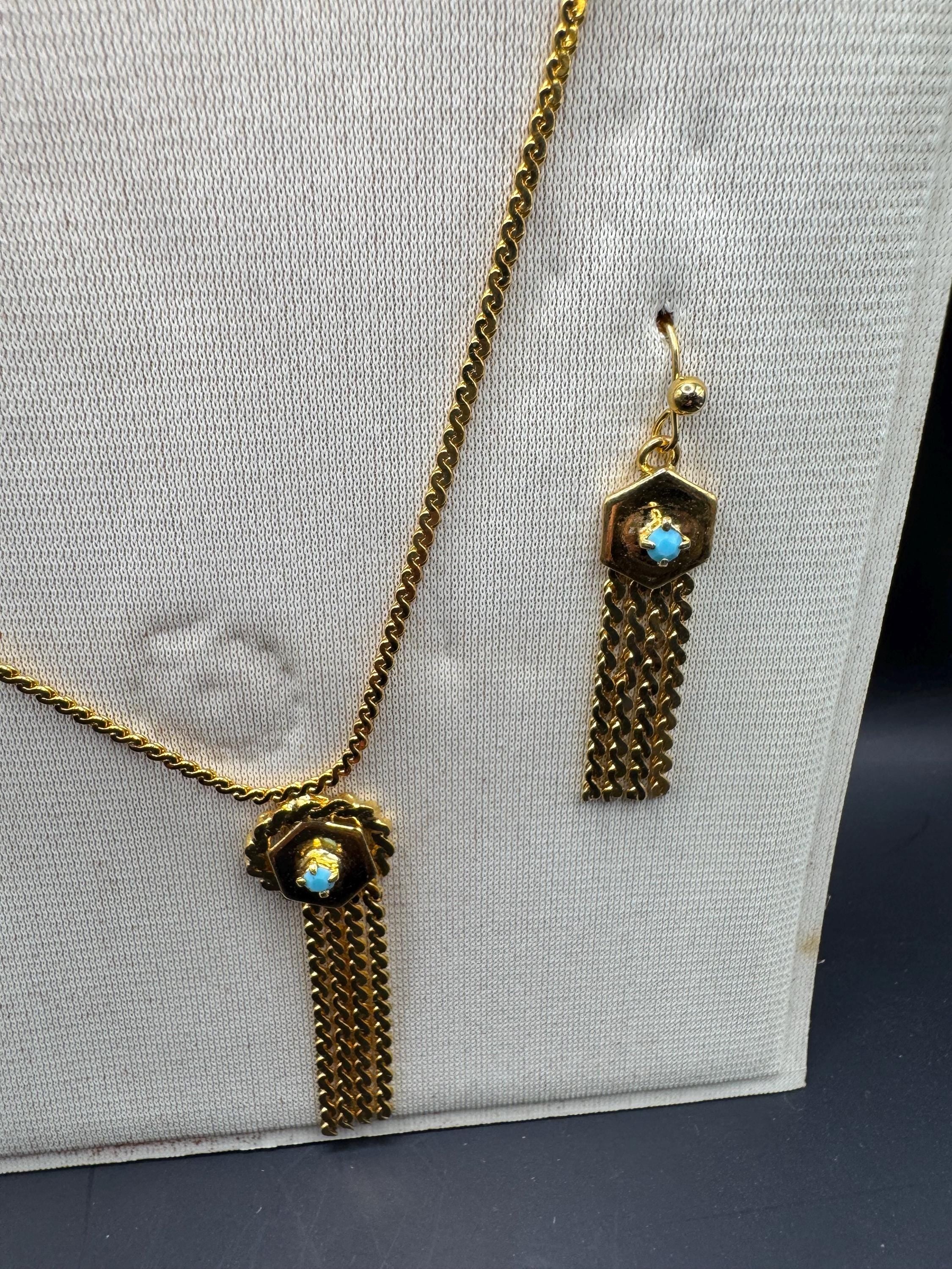 Vintage Turquoise rhinestone jewellery set, serpentine tassel necklace and earrings, gold plated
