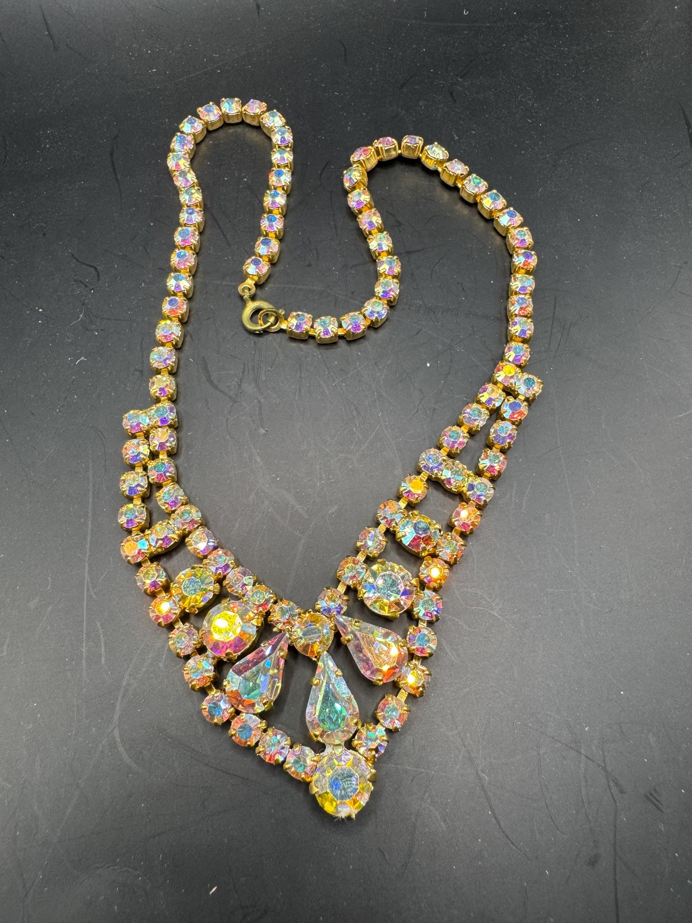 Vintage AB Aurora borealis glass bib choker necklace, gold tone prong set