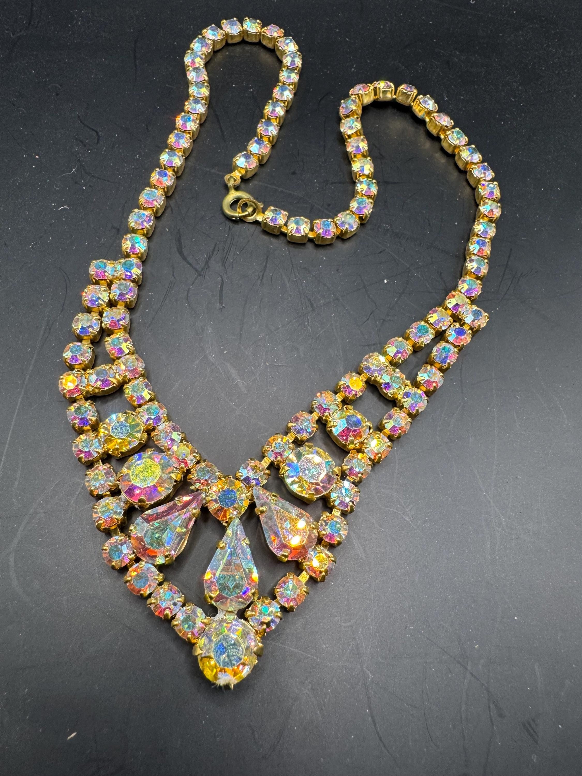 Vintage AB Aurora borealis glass bib choker necklace, gold tone prong set