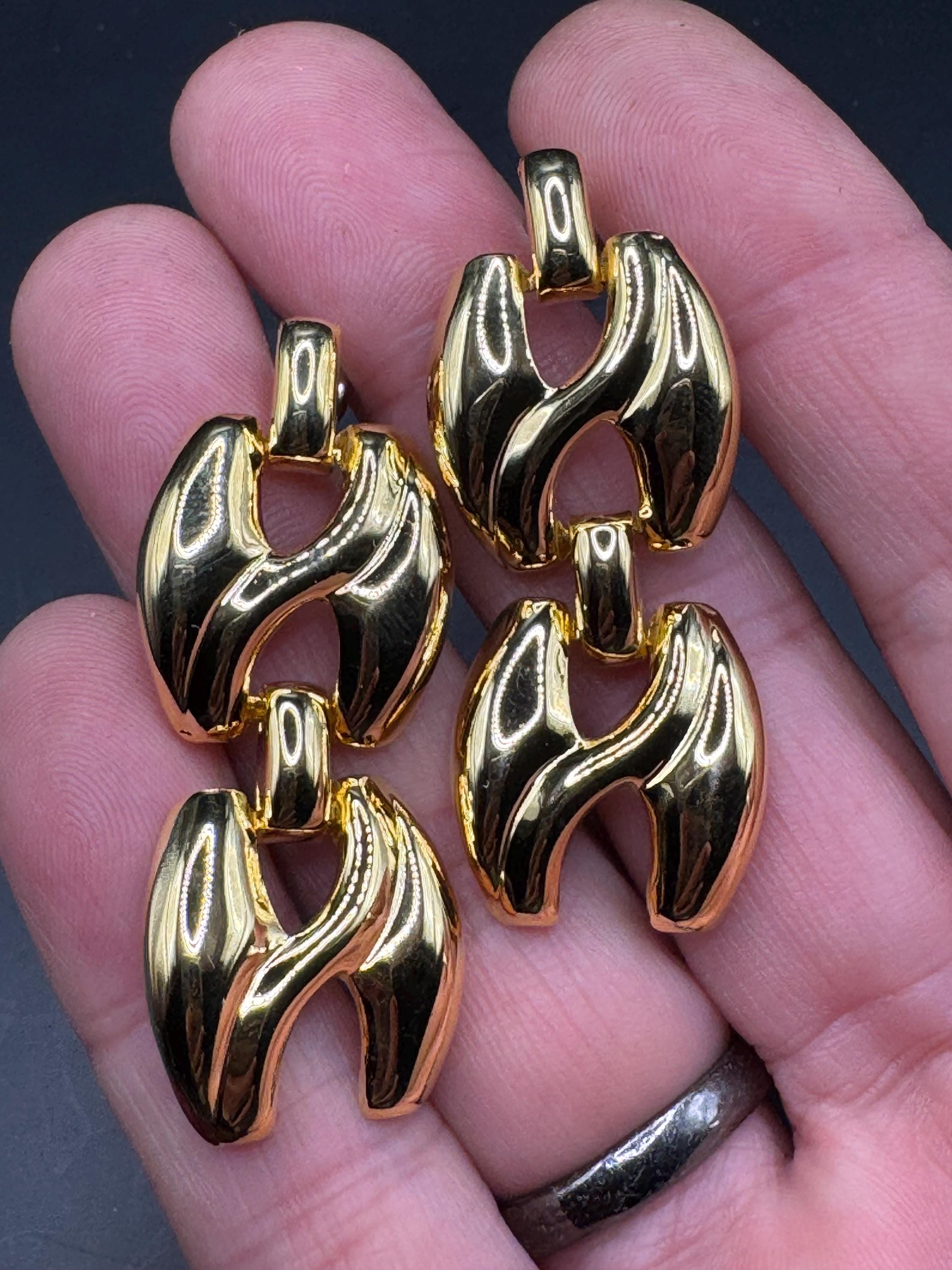 Vintage 80s Gold door knocker drop earrings, pierced ears embossed metal unused