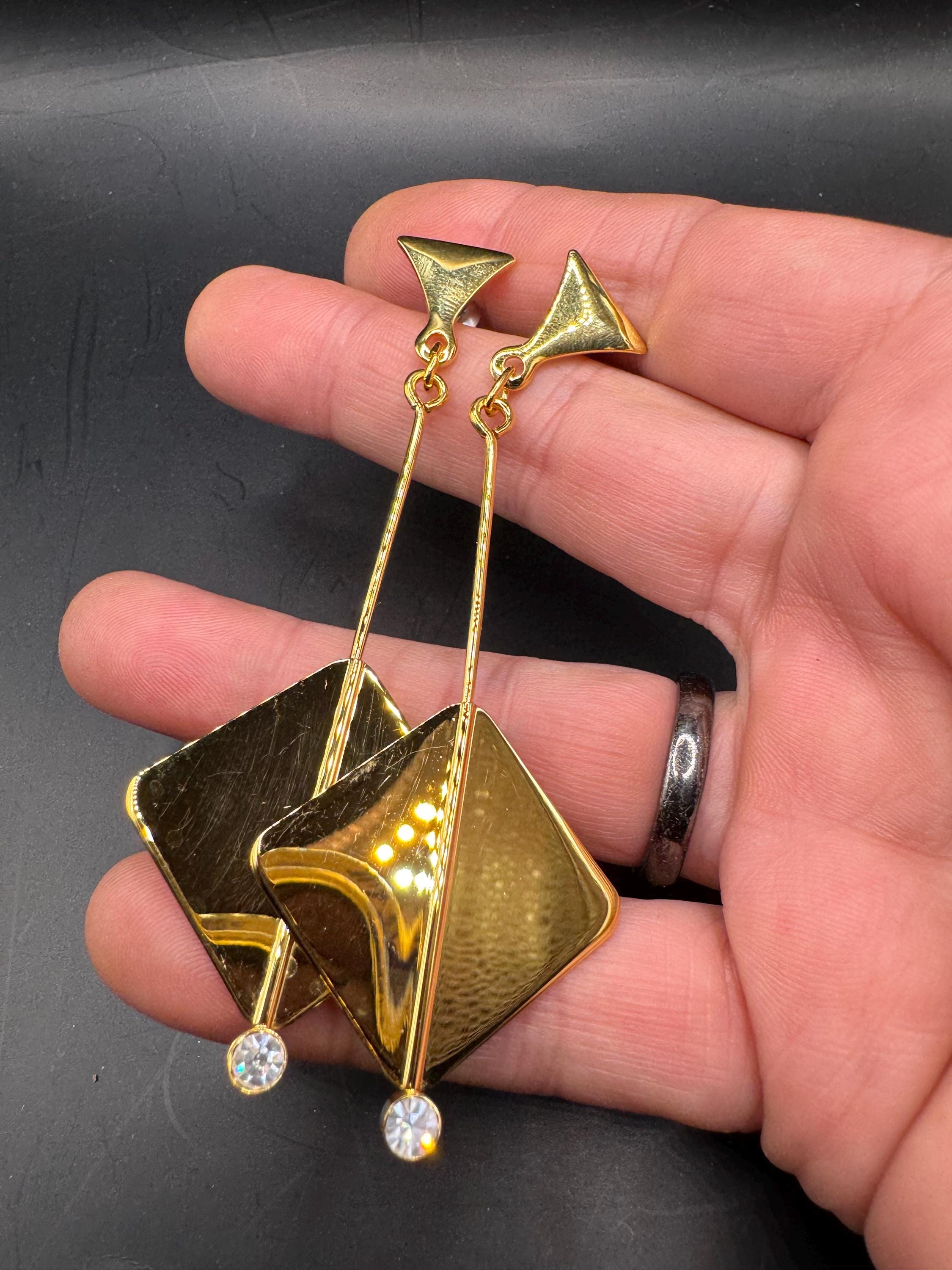 Vintage 80s Gold diamanté geometric long drop earrings, pierced ears embossed metal unused
