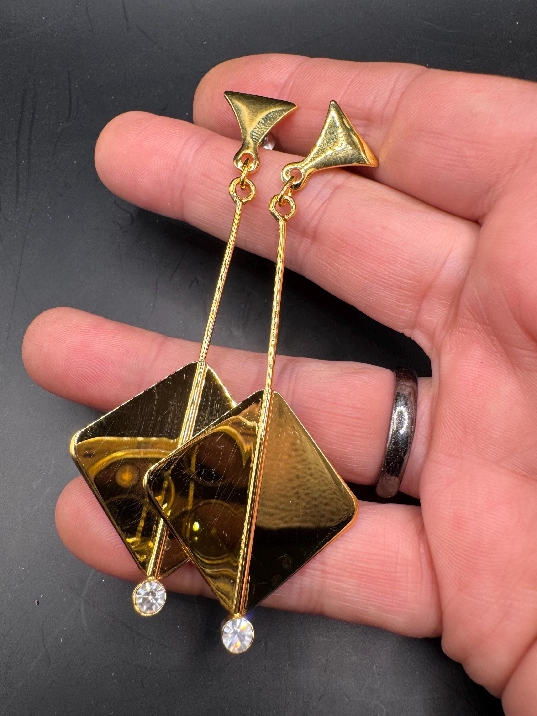 Vintage 80s Gold diamanté geometric long drop earrings, pierced ears embossed metal unused