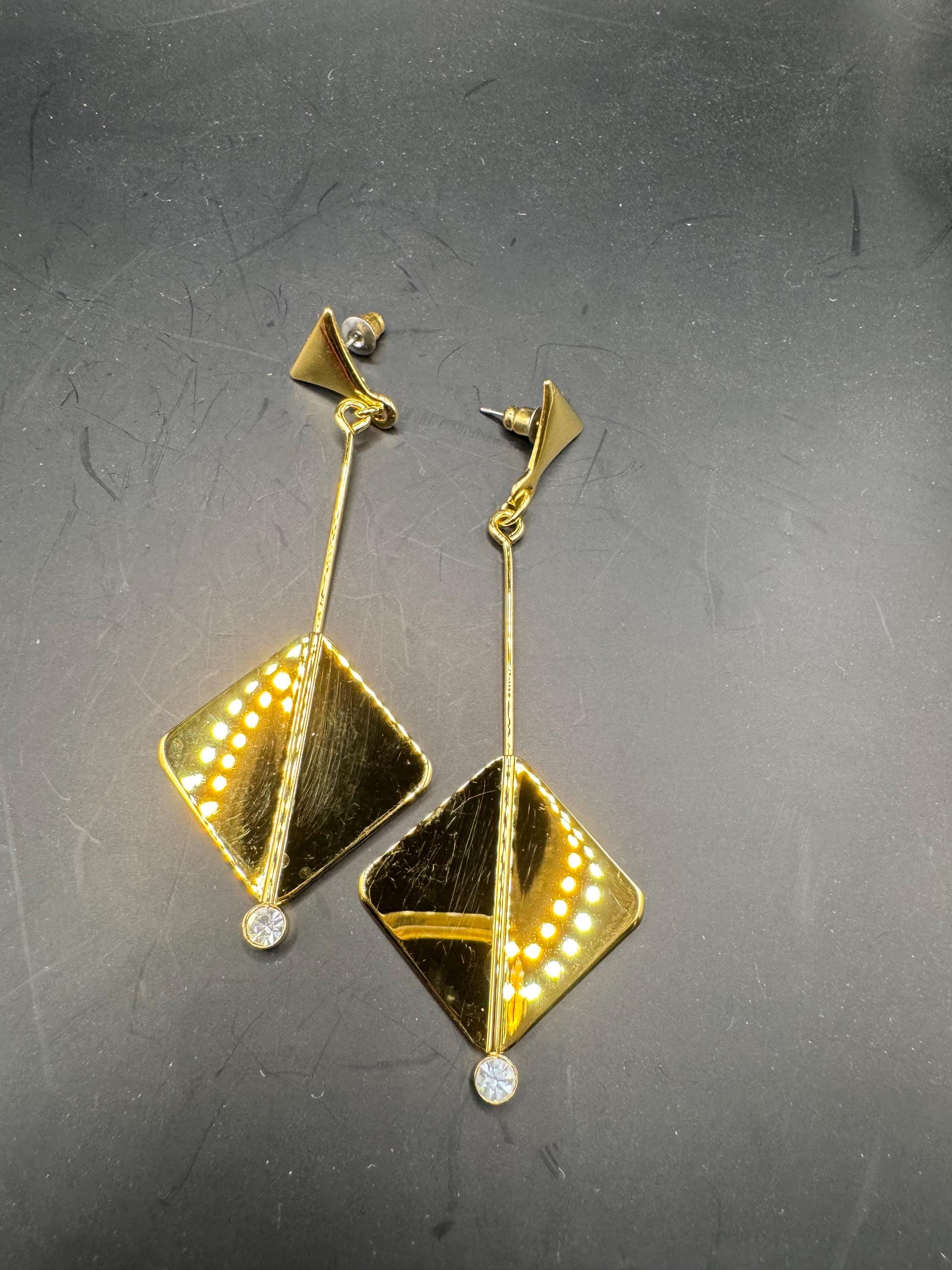 Vintage 80s Gold diamanté geometric long drop earrings, pierced ears embossed metal unused