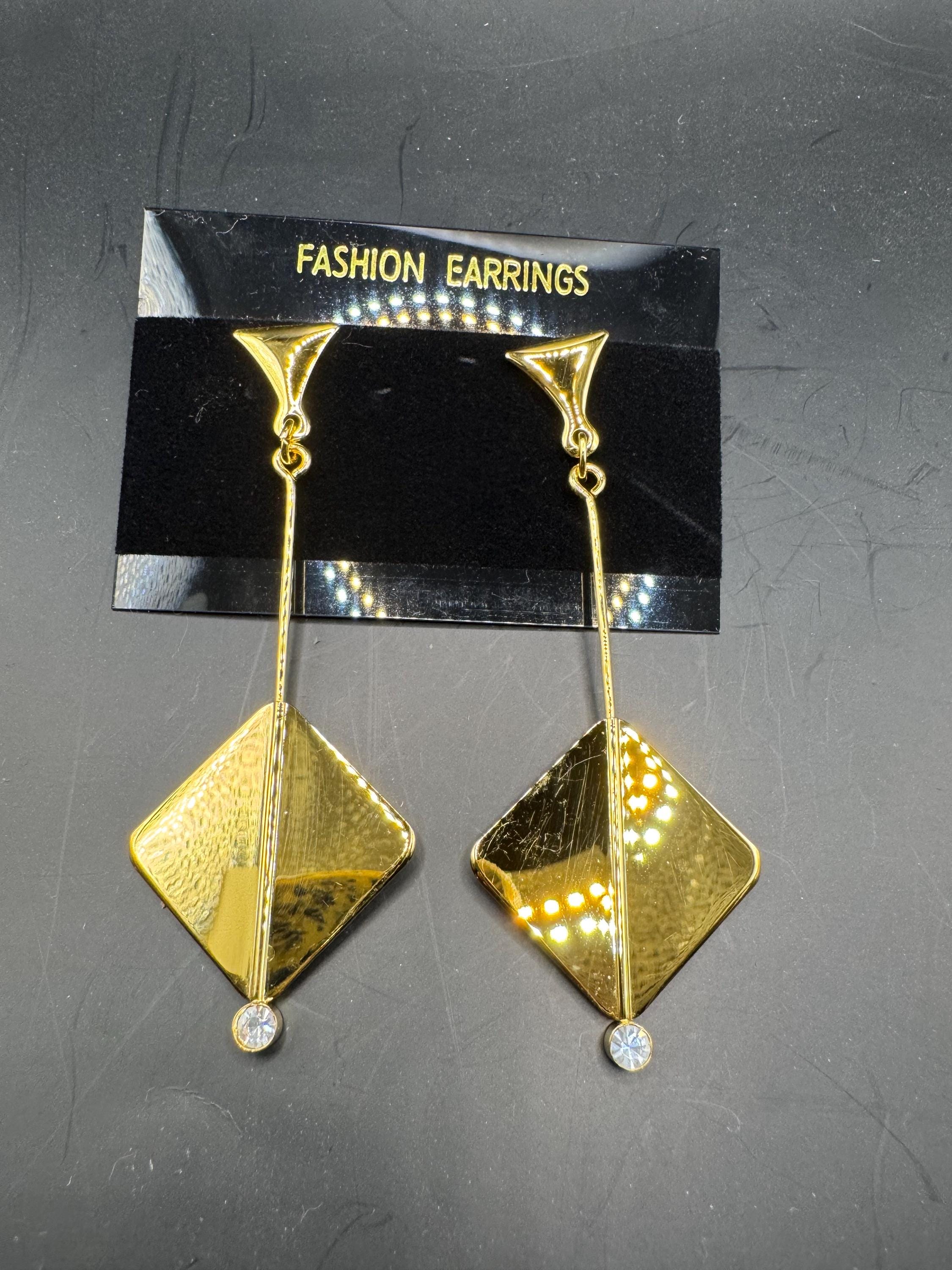 Vintage 80s Gold diamanté geometric long drop earrings, pierced ears embossed metal unused