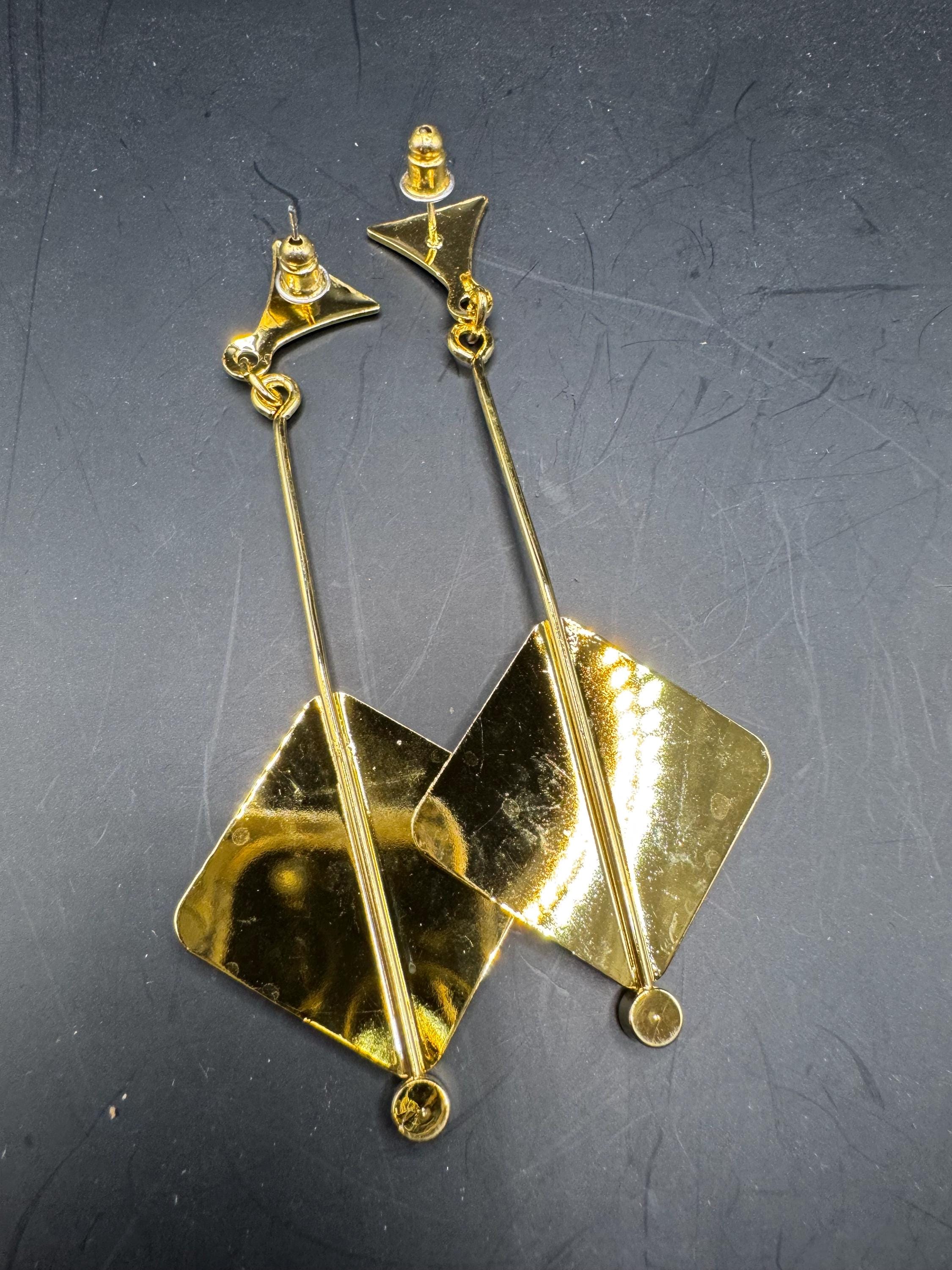 Vintage 80s Gold diamanté geometric long drop earrings, pierced ears embossed metal unused