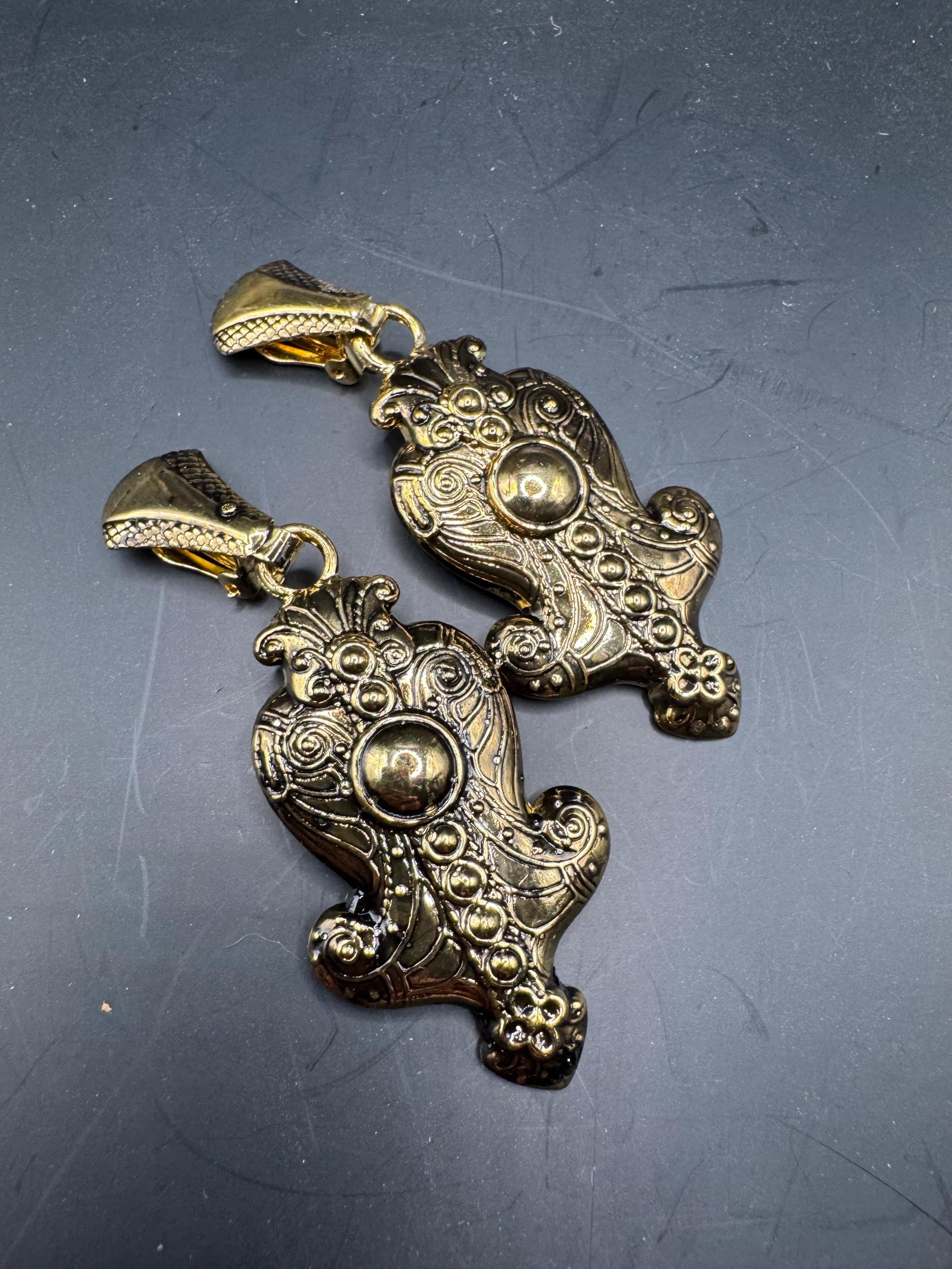 Vintage 80s antique Gold door knocker drop clip on earrings, embossed metal unused