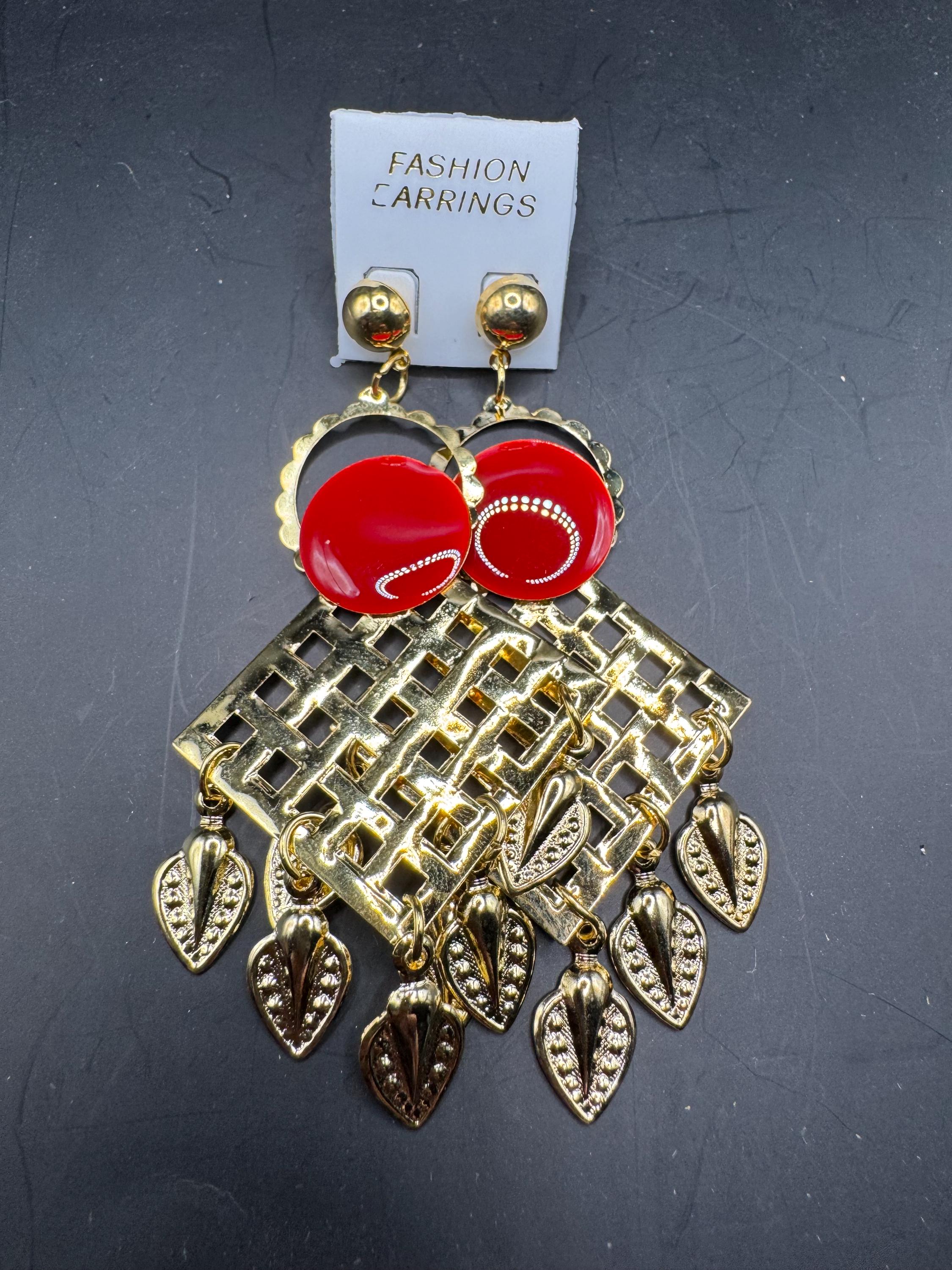 Retro 80s Oversized Drop Earrings, Embossed Metal, Deadstock