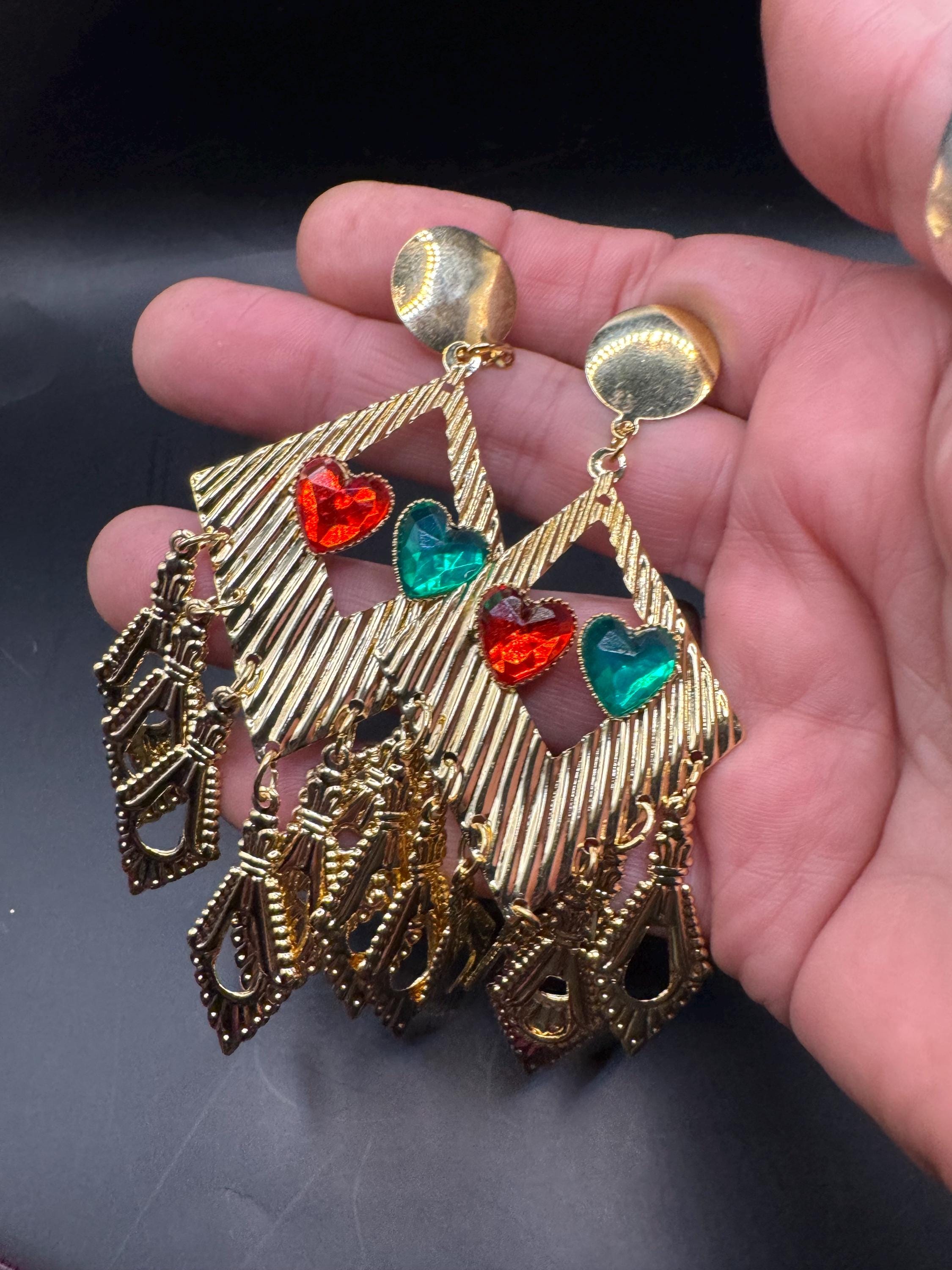 80s Oversized Heart Dangle Earrings, Deadstock