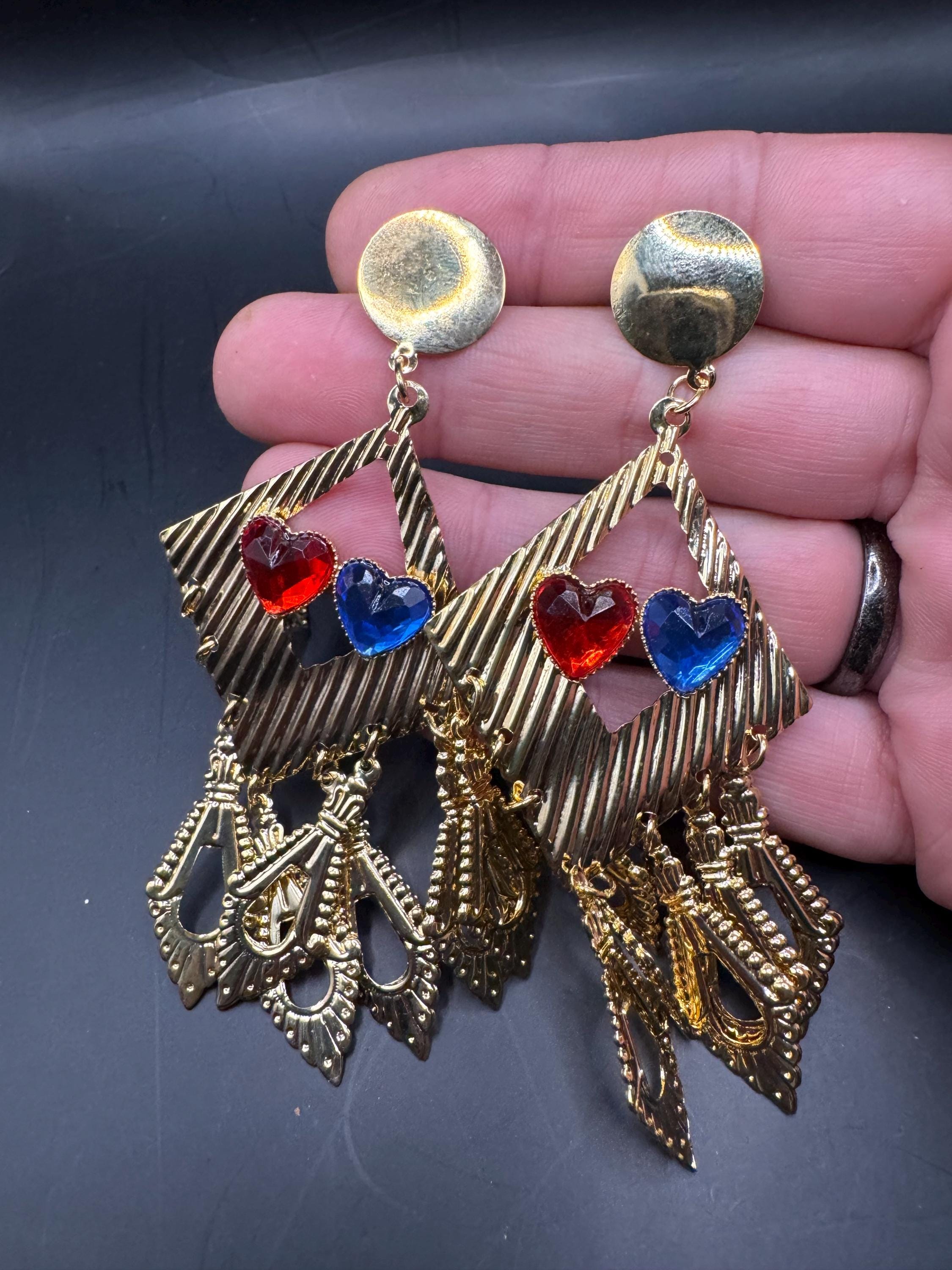 80s Oversized Heart Dangle Earrings, Deadstock