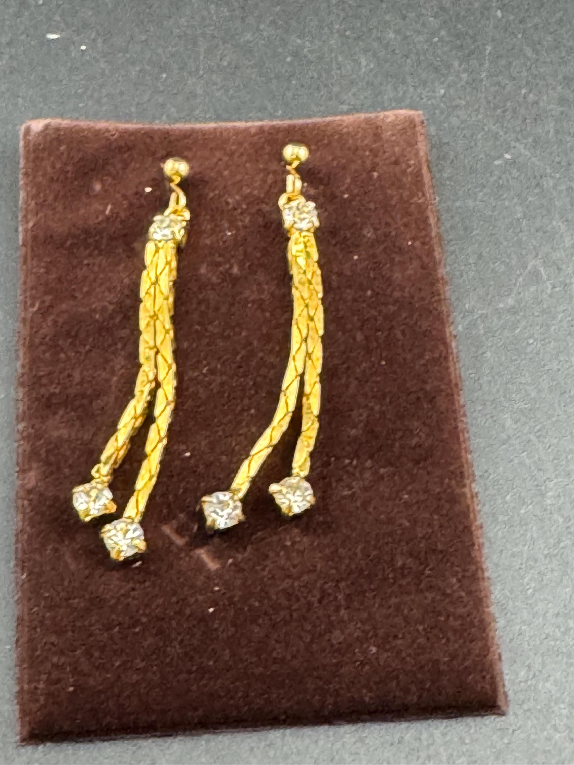 Vintage gold diamanté chain dangly earrings, 1970s unused for pierced ears