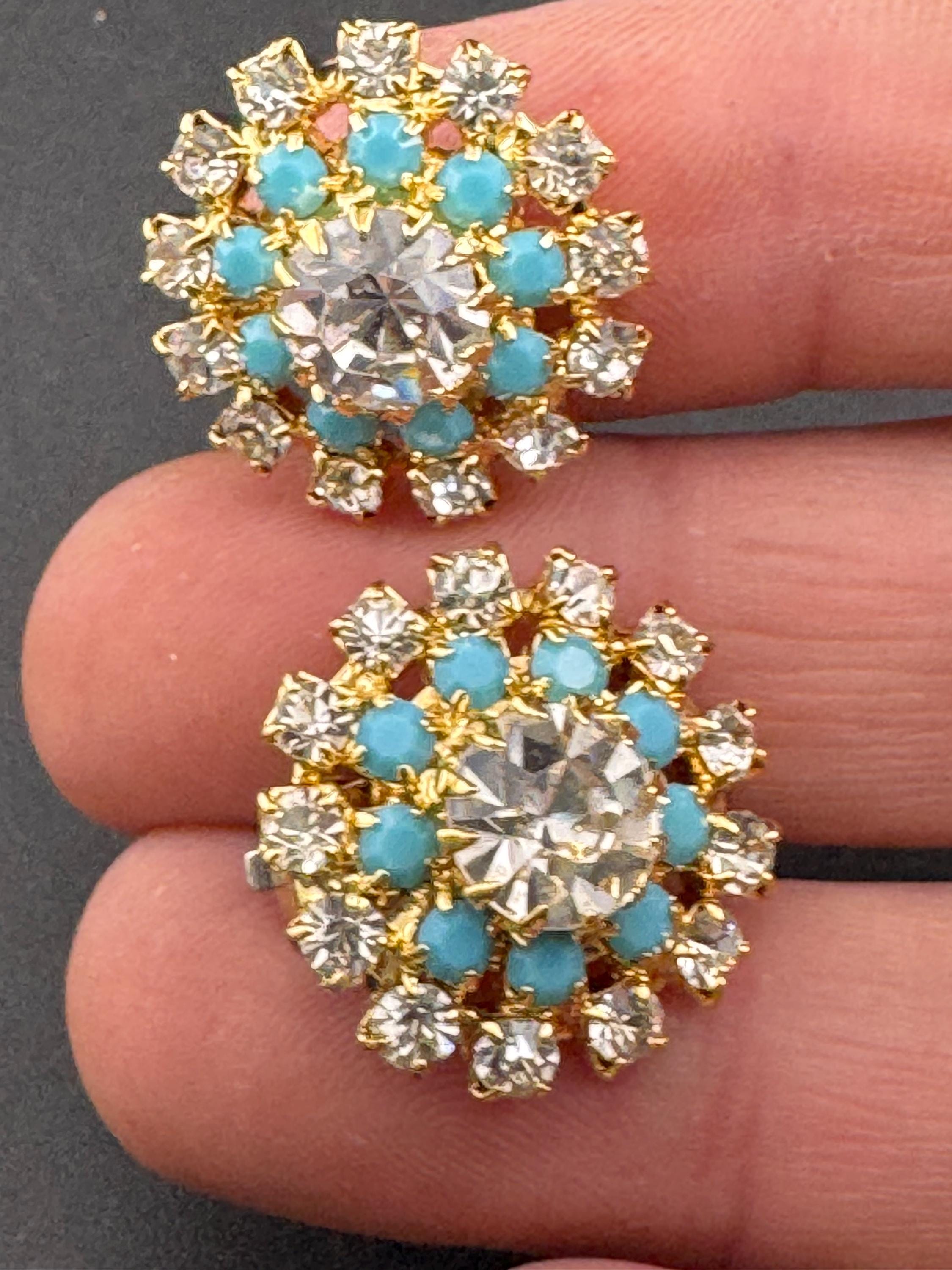 vintage diamanté gold and turquoise round clip on earrings, unused and super sparkly