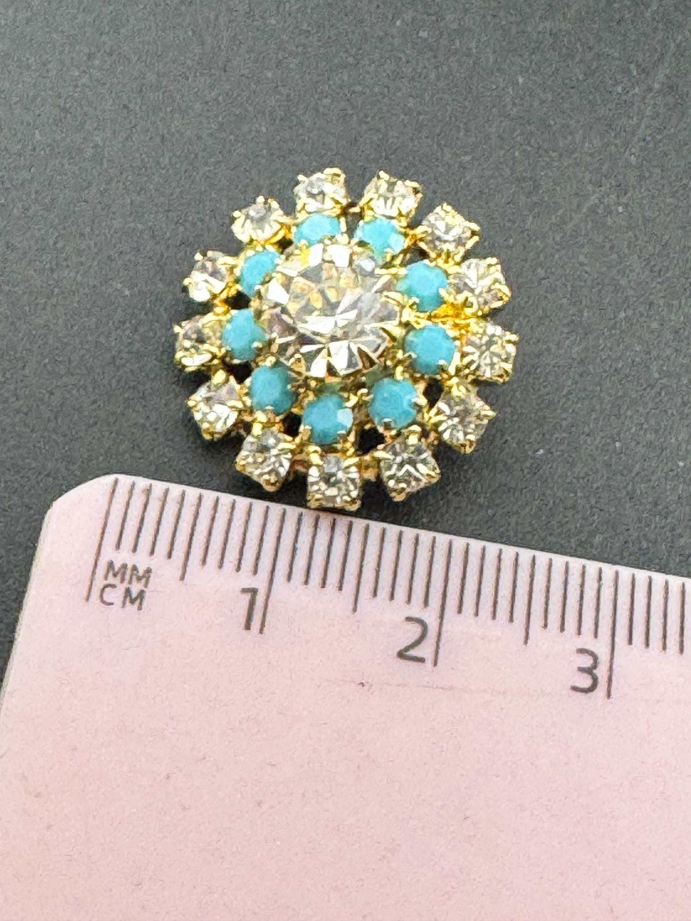 vintage diamanté gold and turquoise round clip on earrings, unused and super sparkly