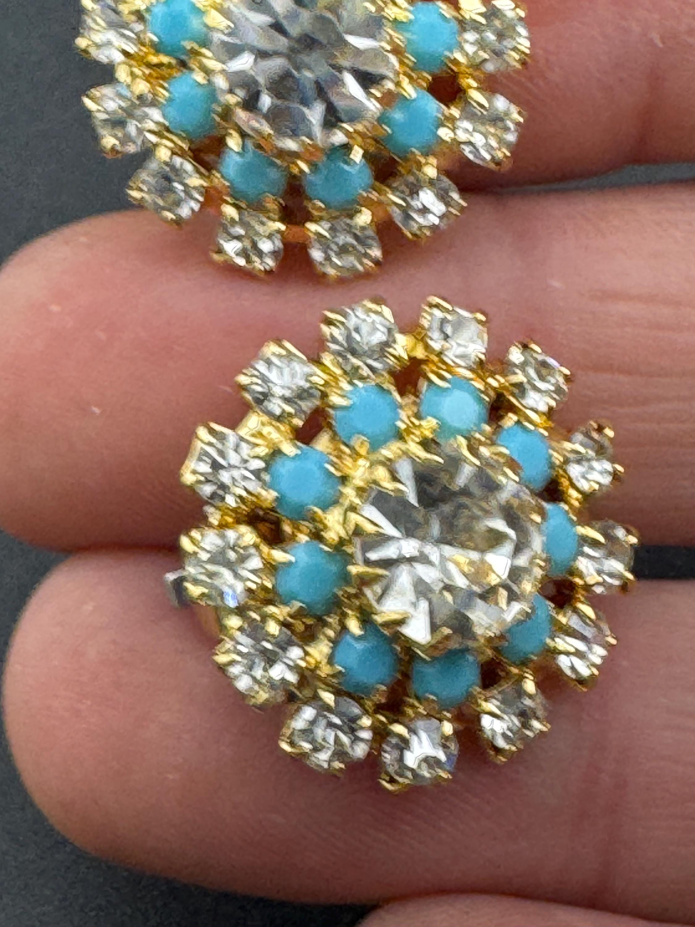 vintage diamanté gold and turquoise round clip on earrings, unused and super sparkly