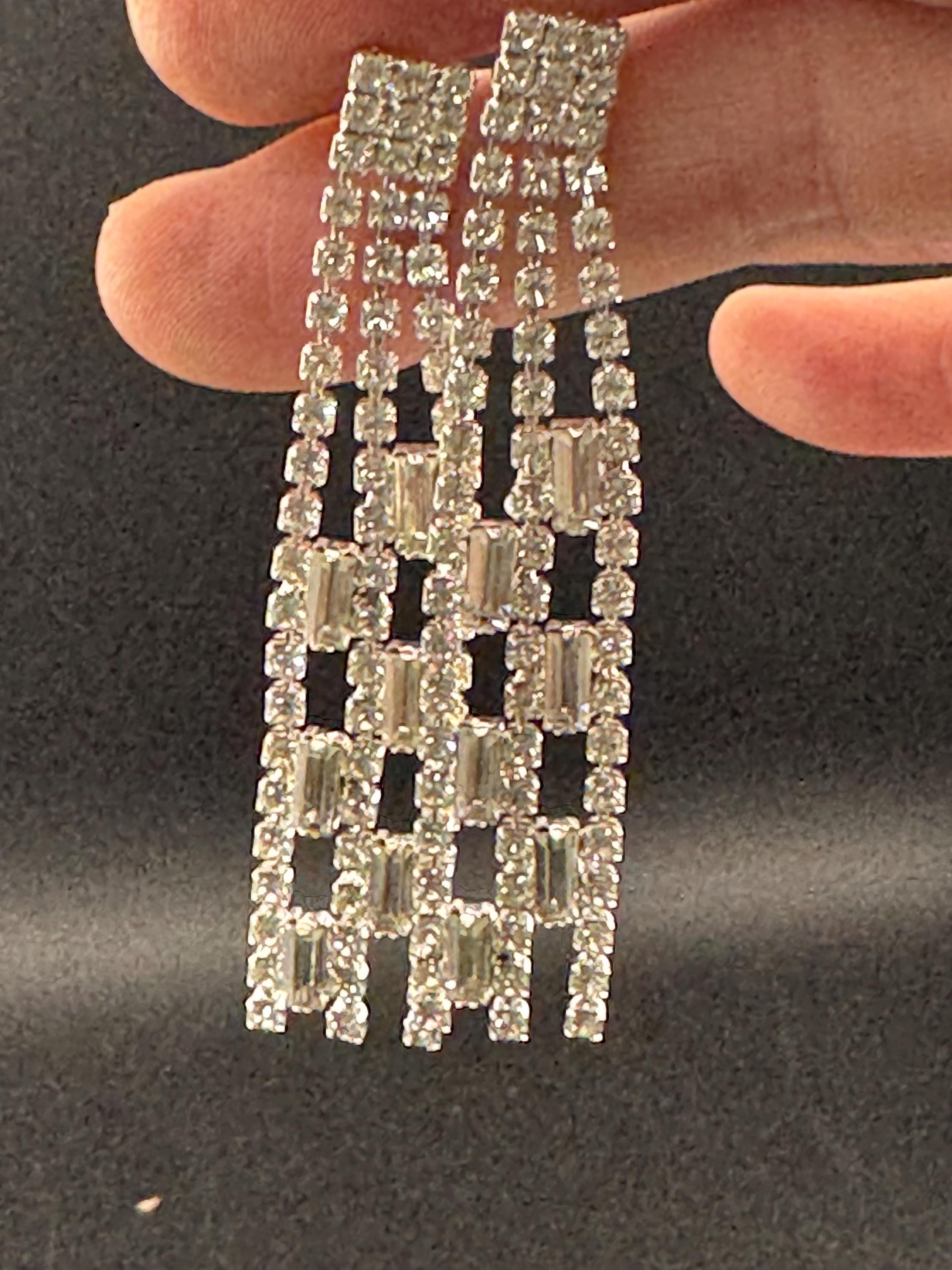 Clear diamanté waterfall long dangly 7cm pierced drop earrings , silver tone glass crystal