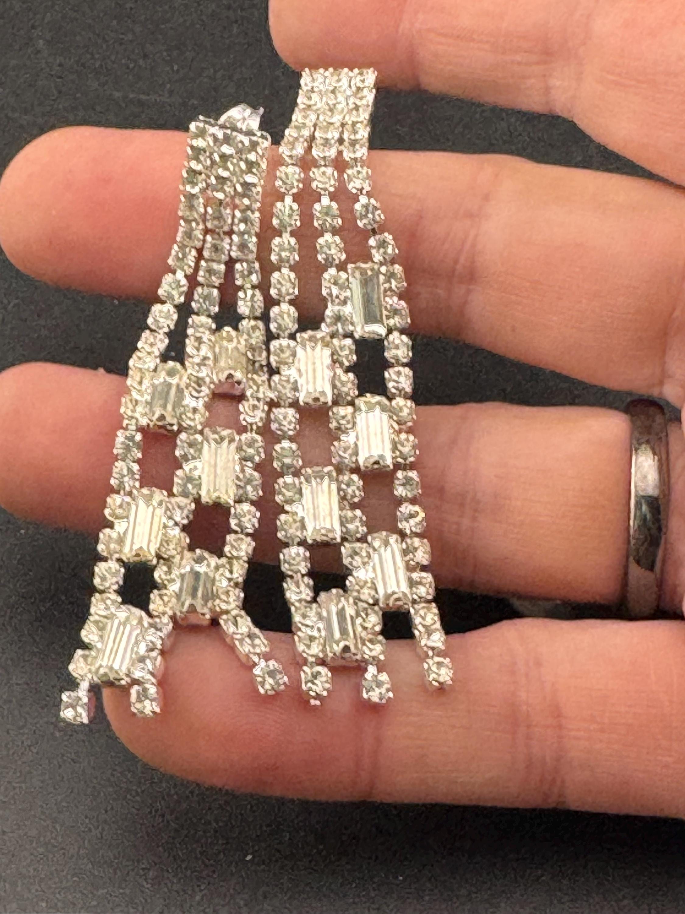 Clear diamanté waterfall long dangly 7cm pierced drop earrings , silver tone glass crystal