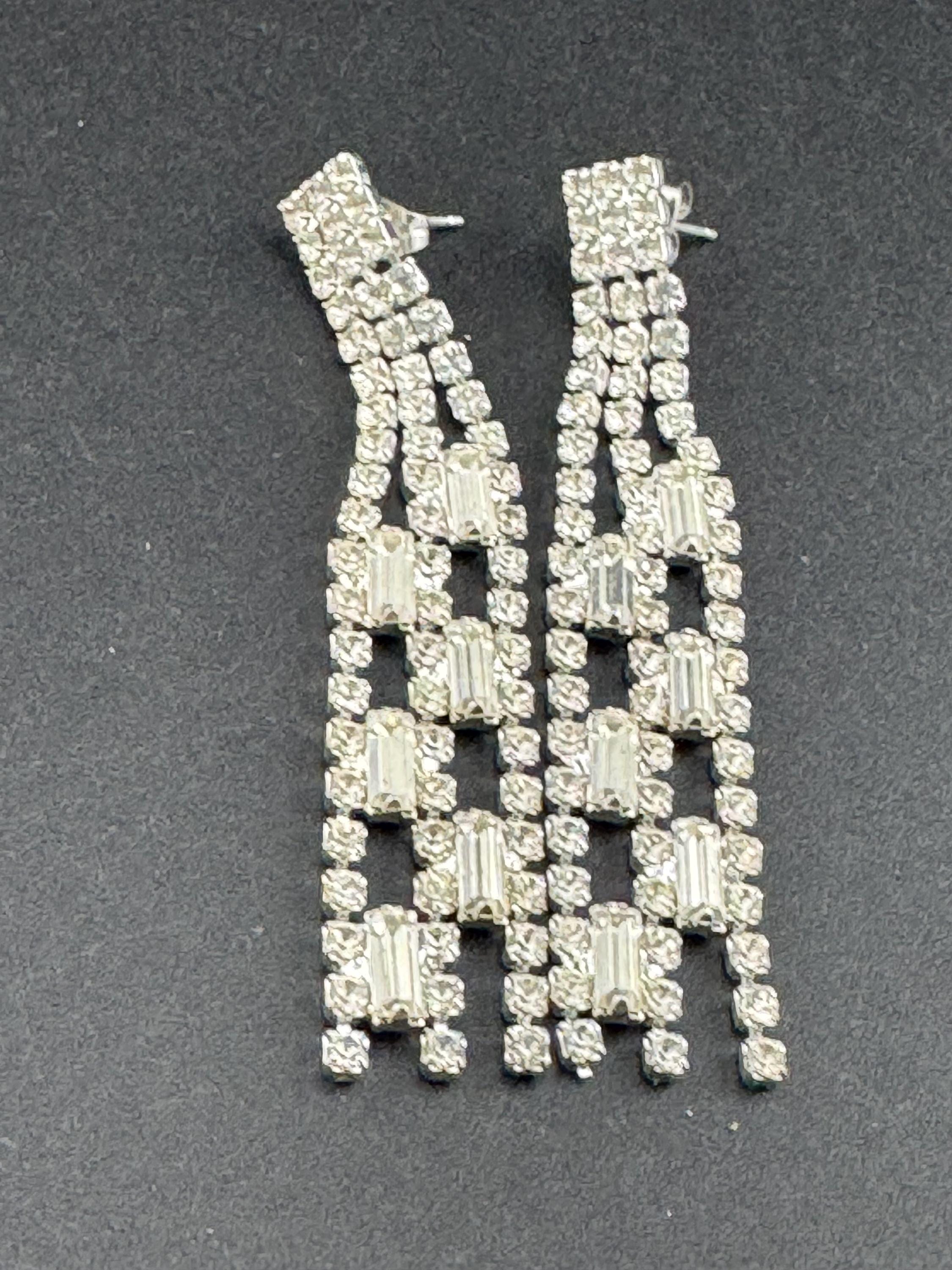 Clear diamanté waterfall long dangly 7cm pierced drop earrings , silver tone glass crystal