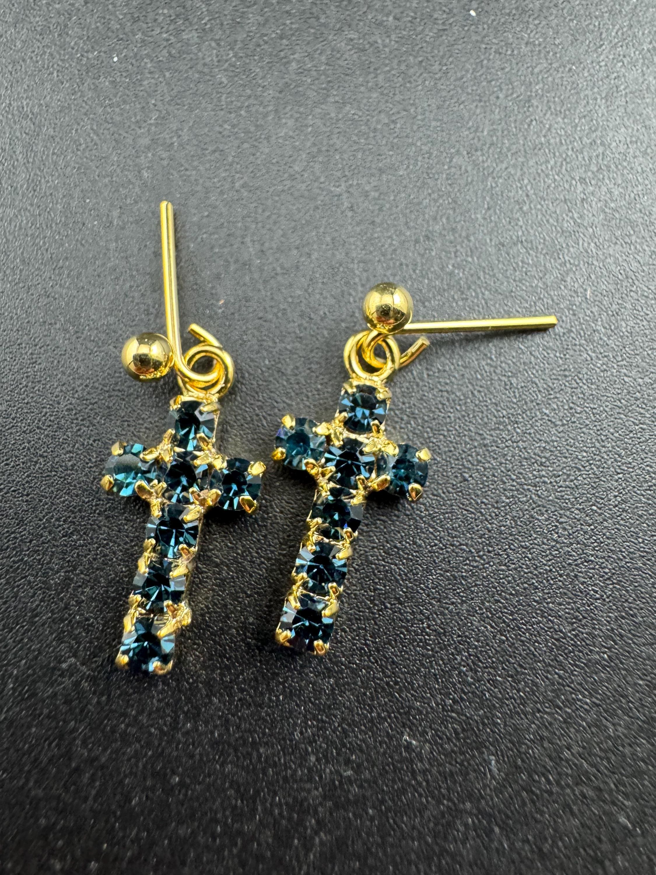 vintage dainty sapphire blue diamanté cross earrings, gold tone pierced drops