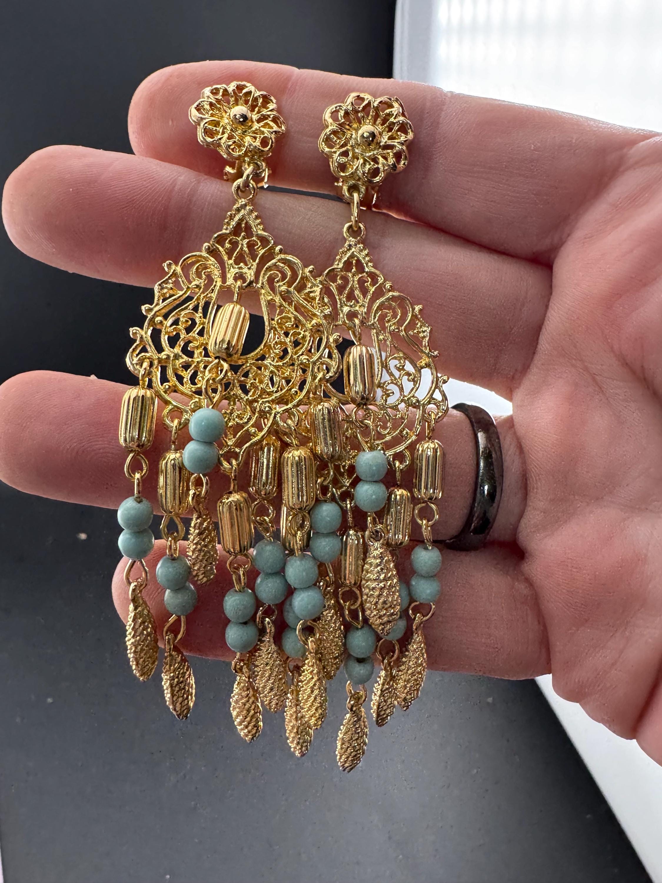 Oversized 9cm gold and turquoise beaded long articulated dangly clip on earrings