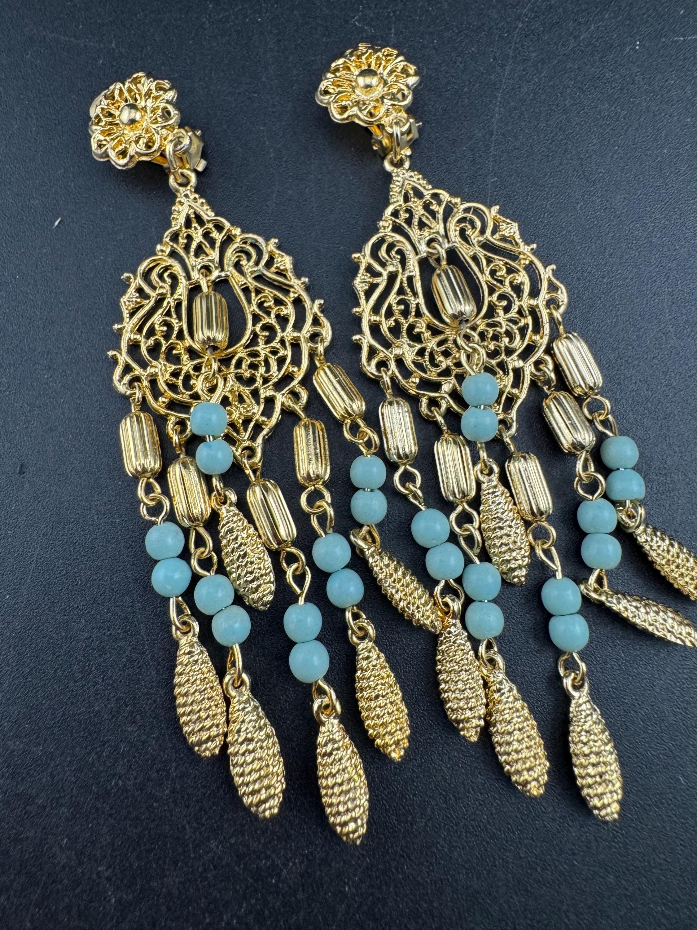 Oversized 9cm gold and turquoise beaded long articulated dangly clip on earrings