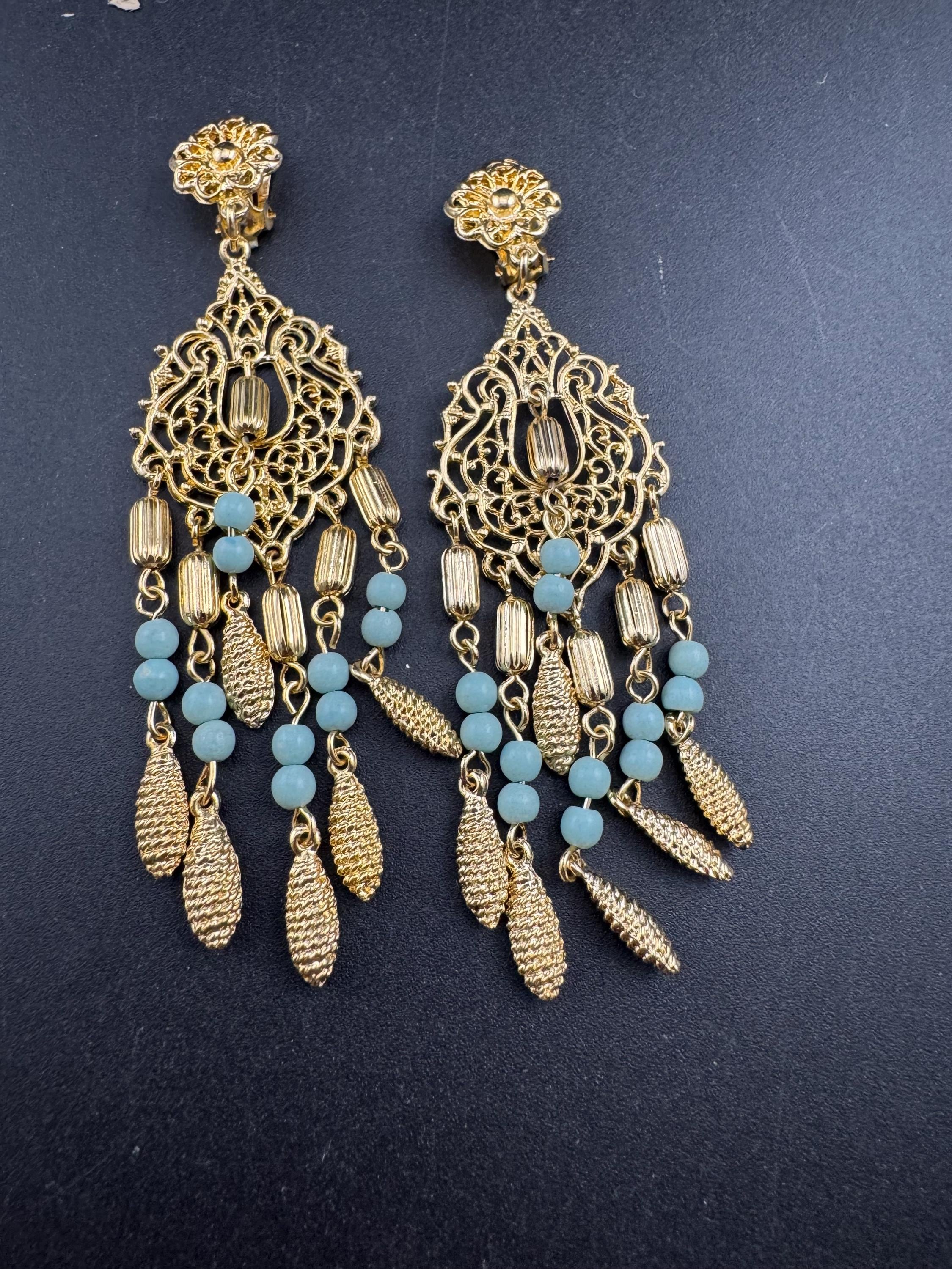 Oversized 9cm gold and turquoise beaded long articulated dangly clip on earrings