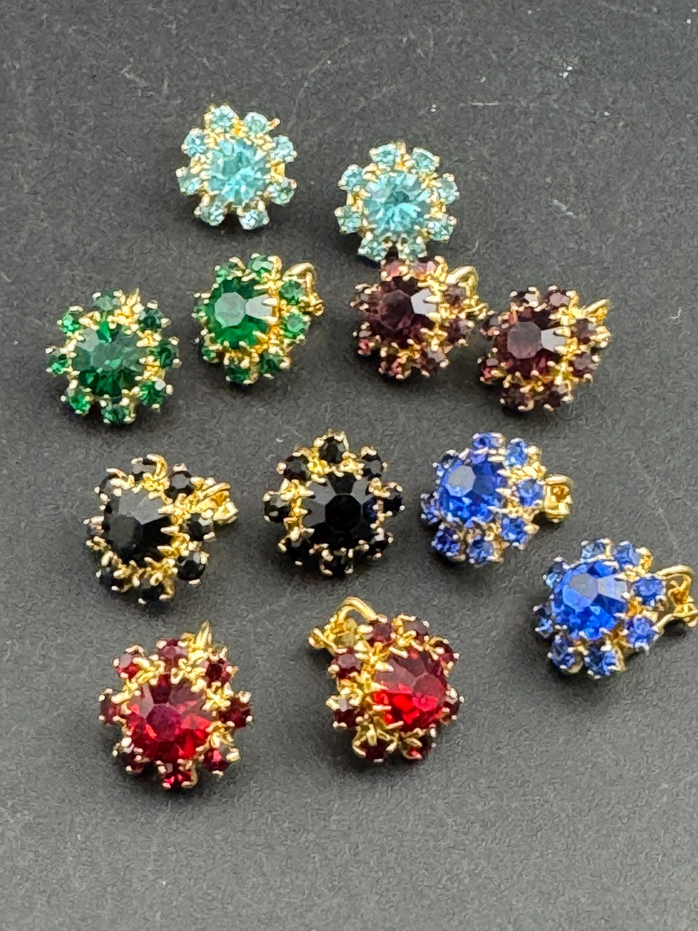 1970s Swarovski crystal diamanté clip on earrings, gold tone choice of colours