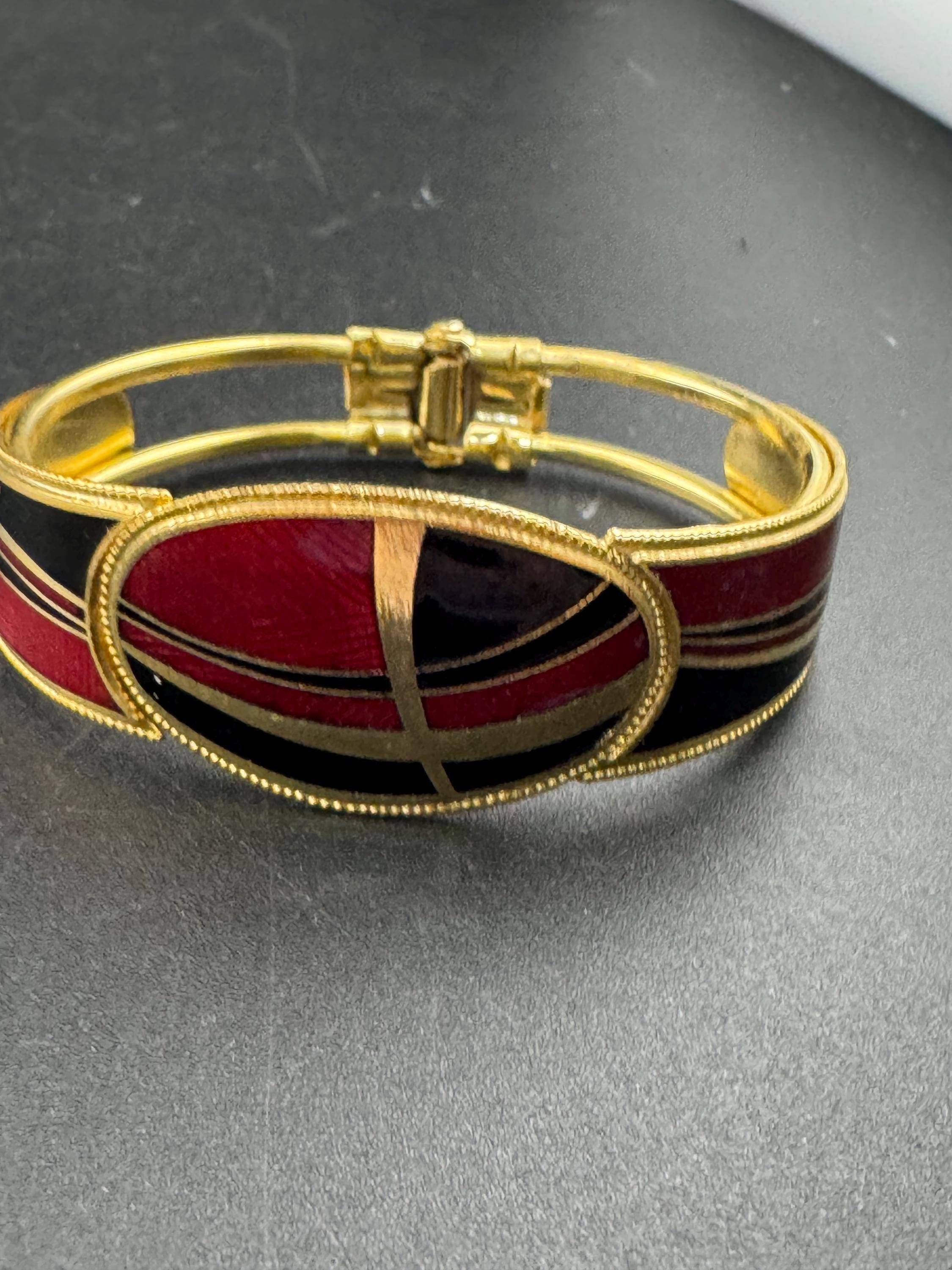 Vintage black and red enamel geometric clamper bangle: abstract modernist design 1980s 1990s
