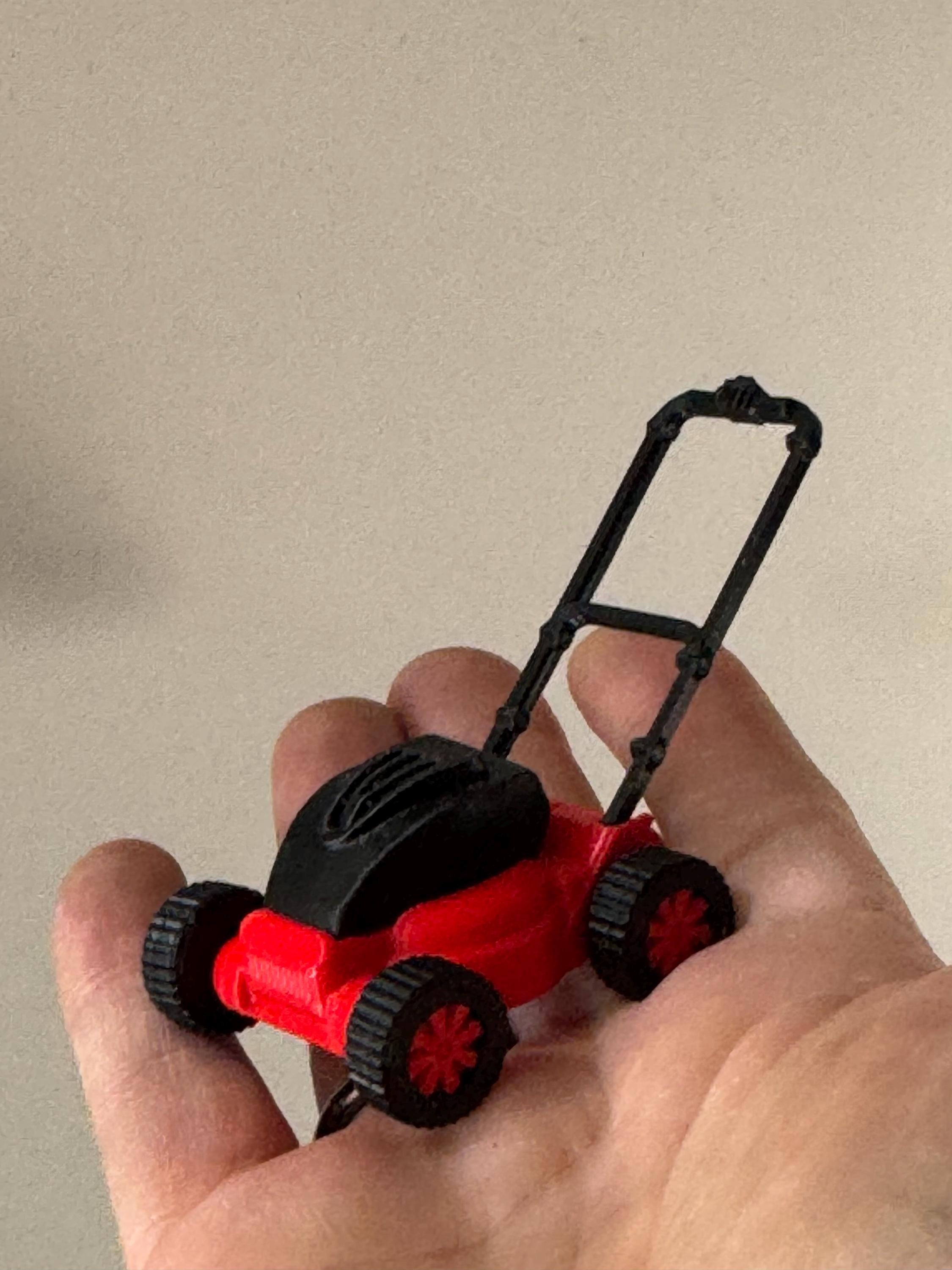 Miniature lawn mower cake topper, gardener, dollhouse scenery
