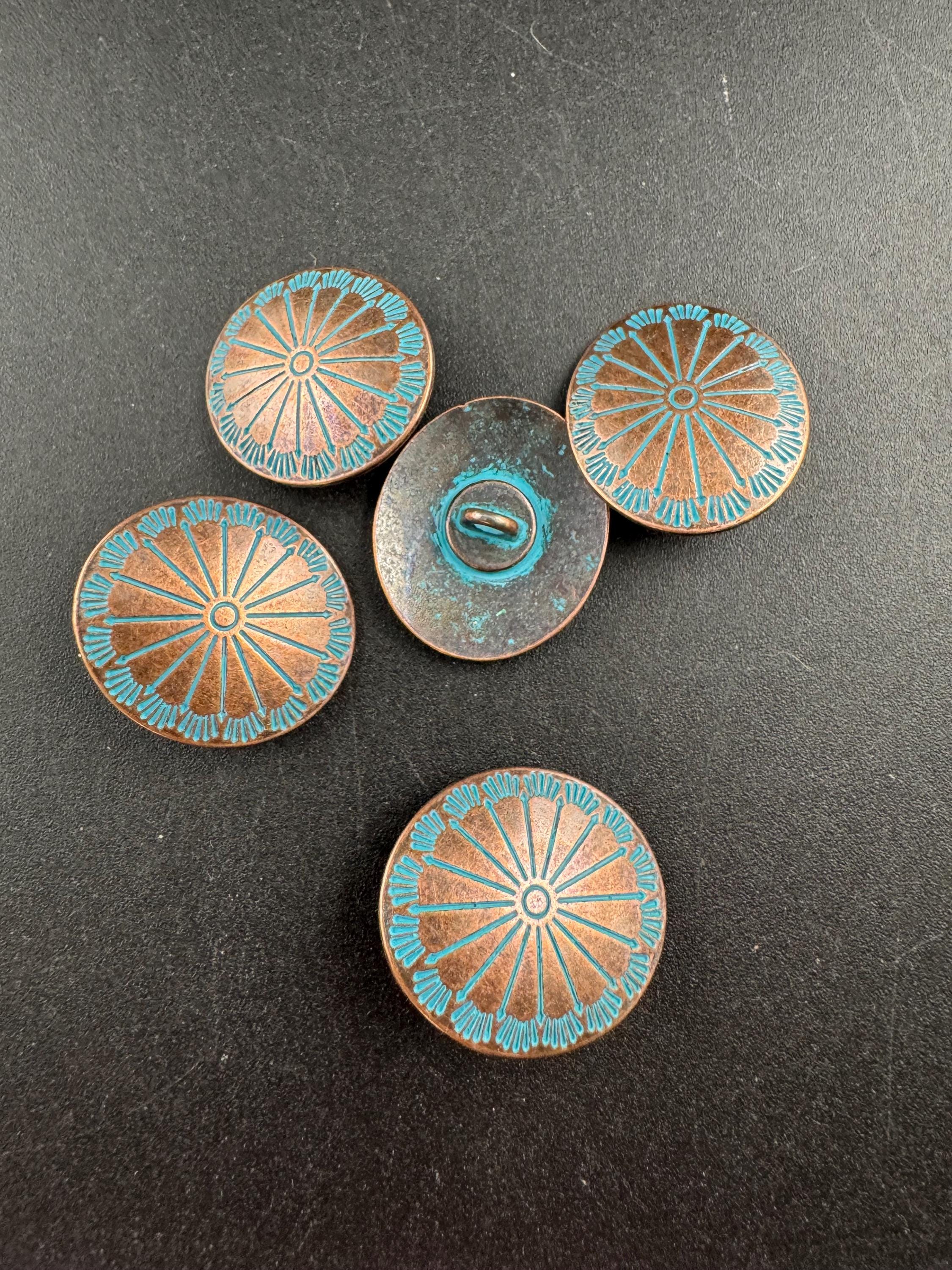 25mm Copper oval metal buttons, pack of 5 ,boho green verdigris design