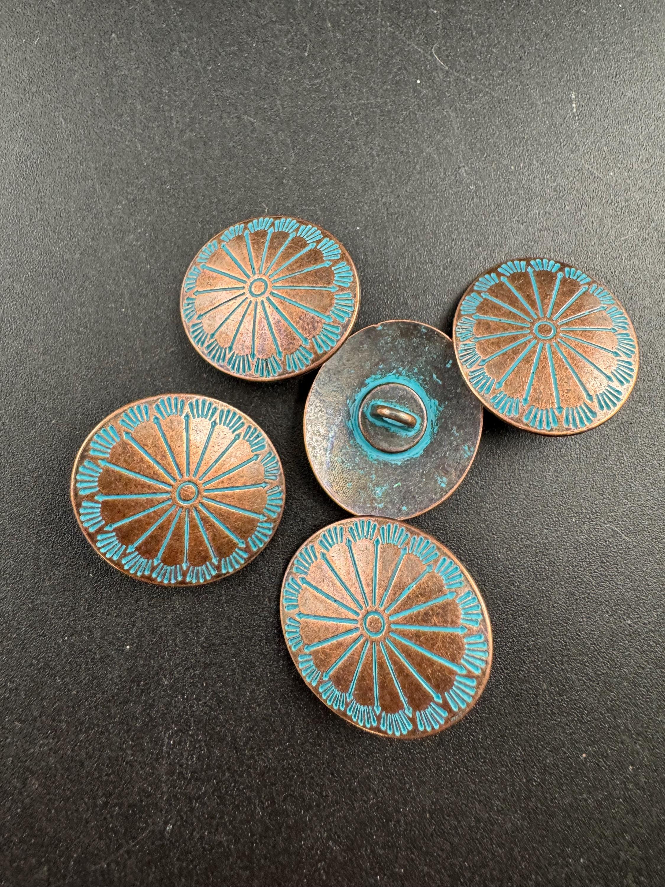 25mm Copper oval metal buttons, pack of 5 ,boho green verdigris design