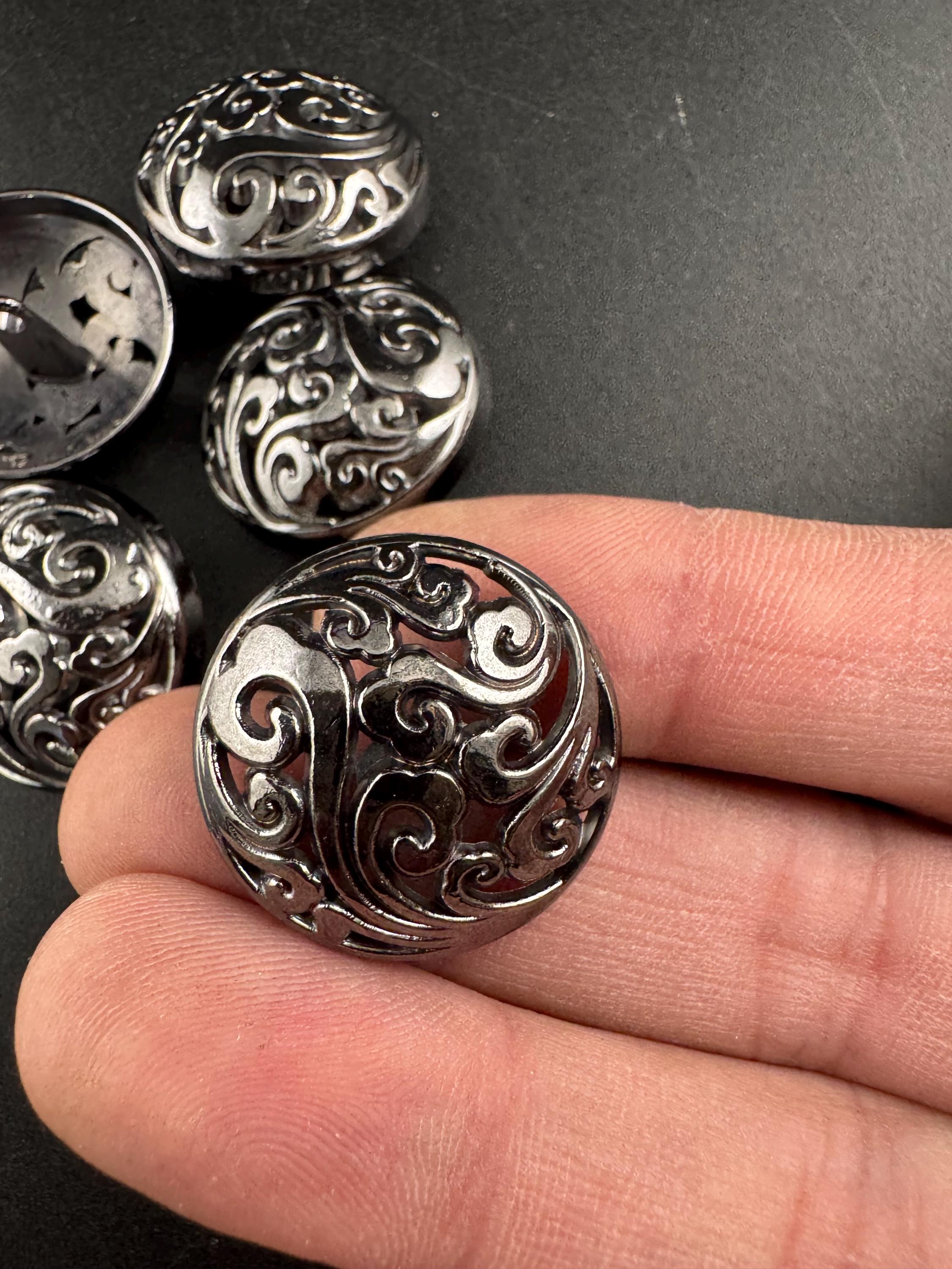 25mm openwork domed buttons, pack of 5 in gold or steel grey metal