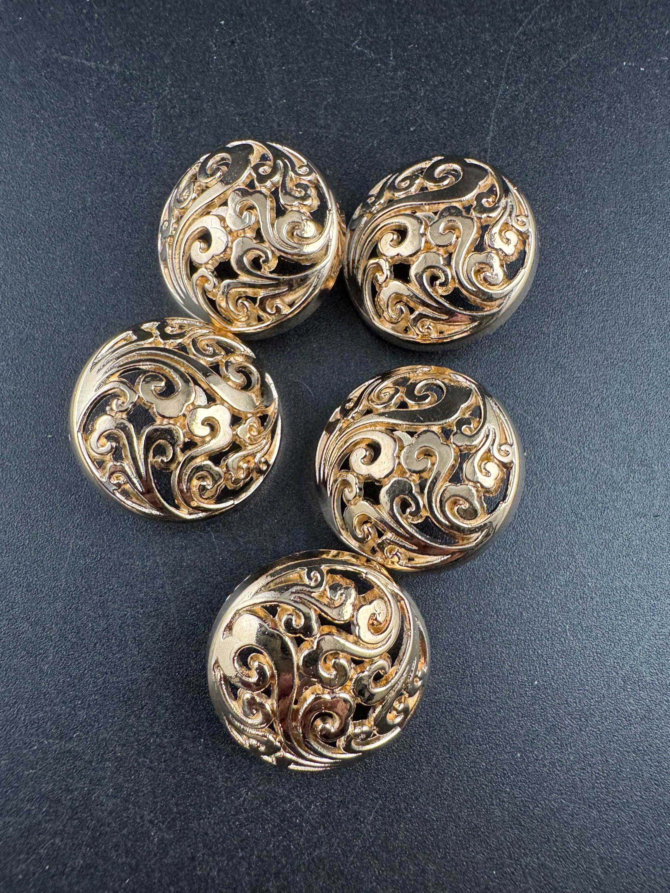 25mm openwork domed buttons, pack of 5 in gold or steel grey metal