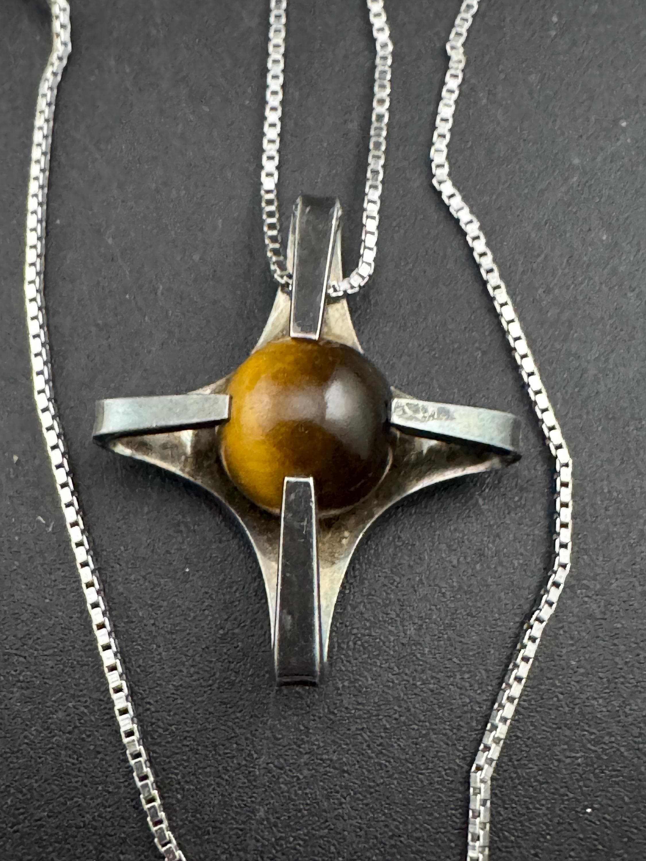 Vintage 1970s Tiger's Eye Sterling Silver Pendant Necklace, modernist brutalist design