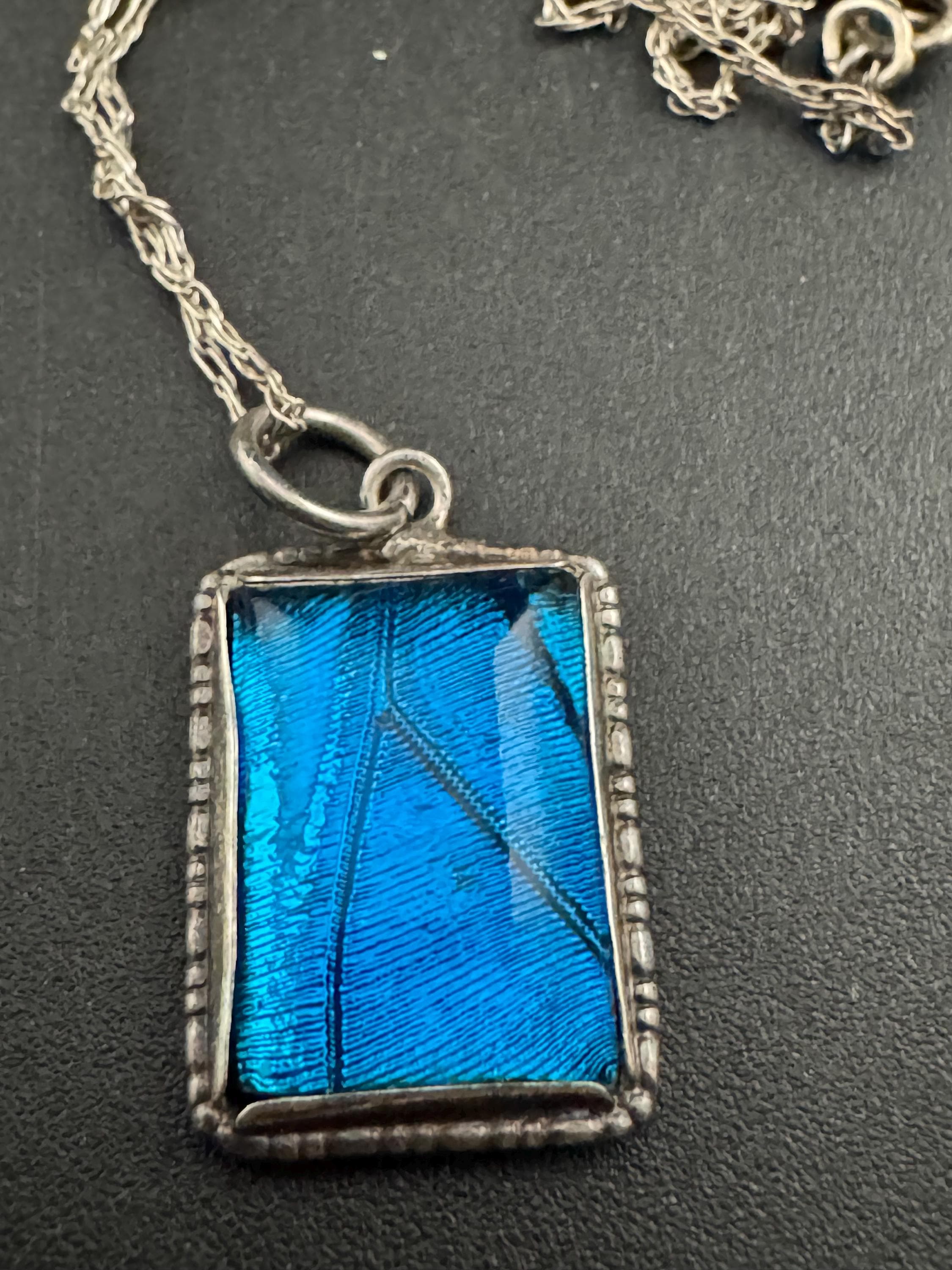 Antique blue butterfly wing pendant necklace , 925 sterling silver