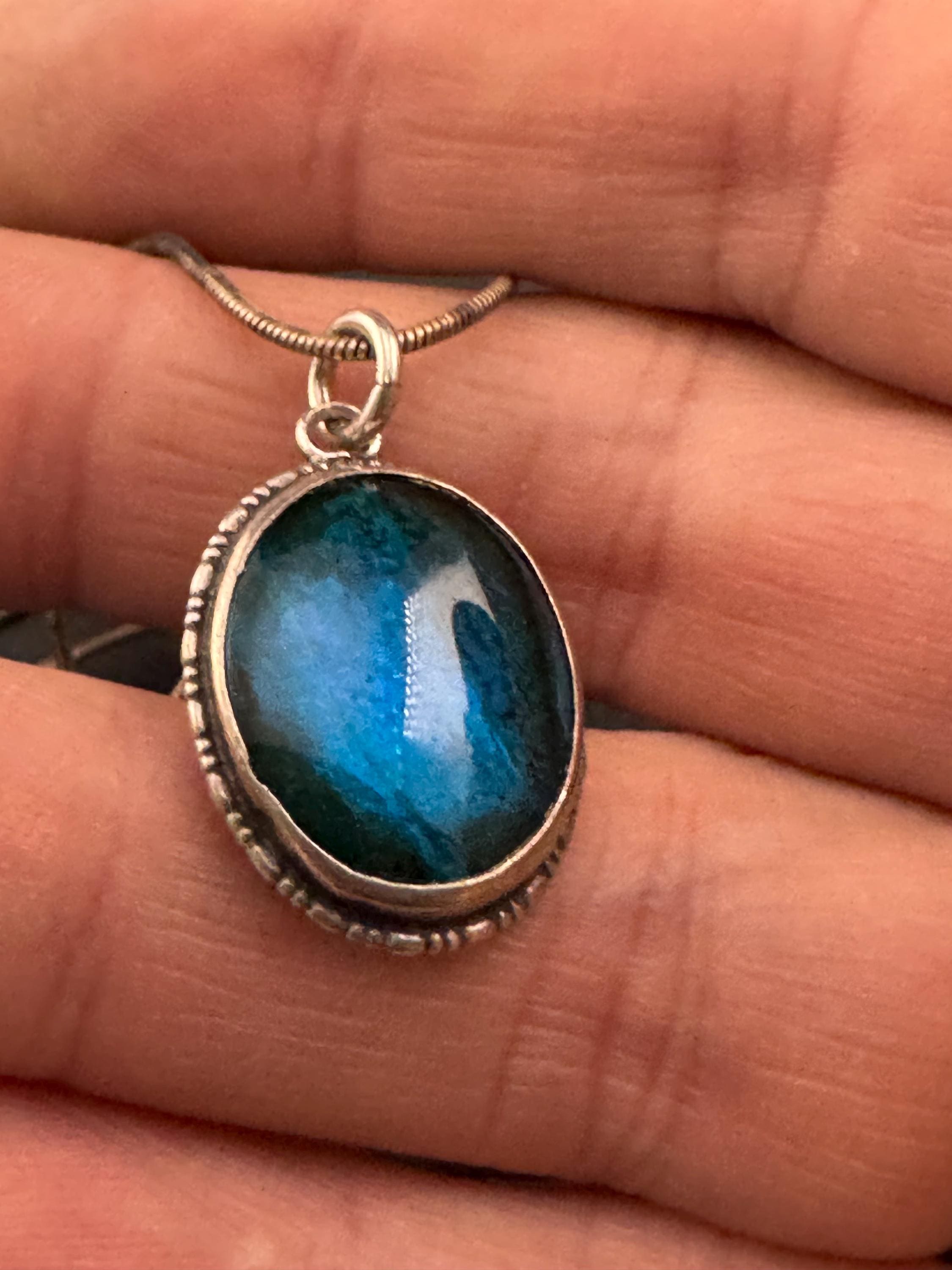 Antique blue butterfly wing oval pendant necklace , 925 sterling silver