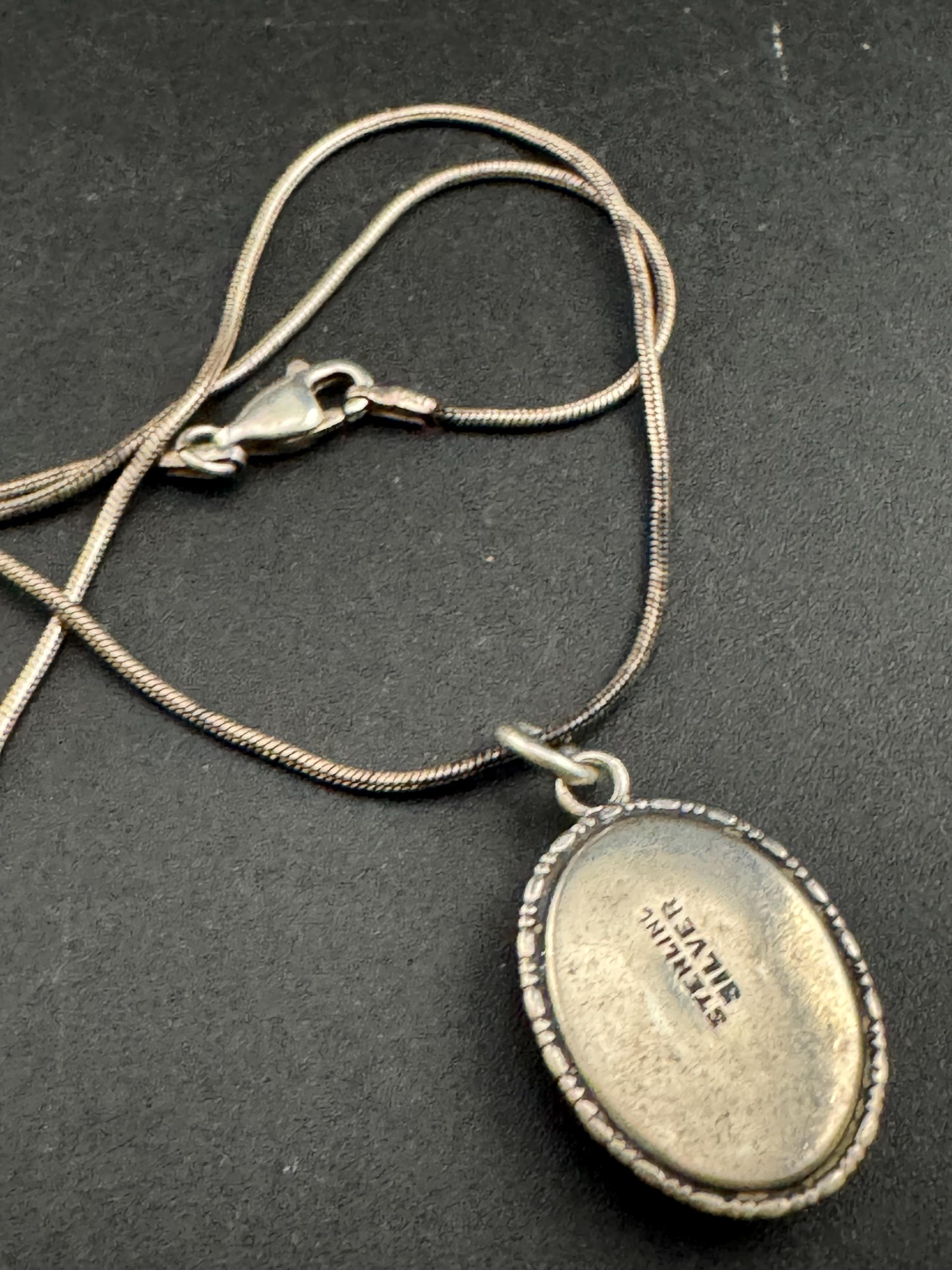 Antique blue butterfly wing oval pendant necklace , 925 sterling silver