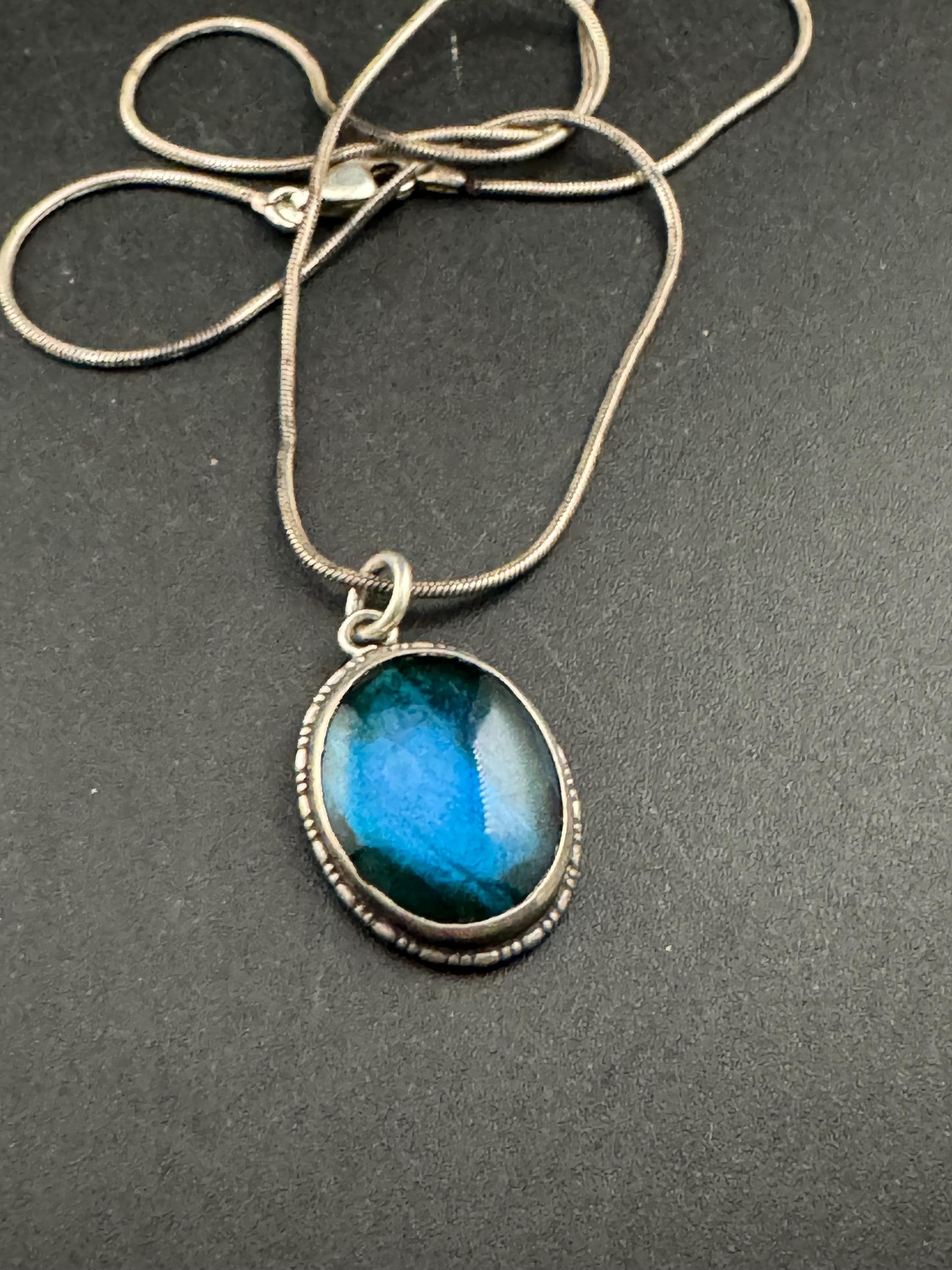 Antique blue butterfly wing oval pendant necklace , 925 sterling silver