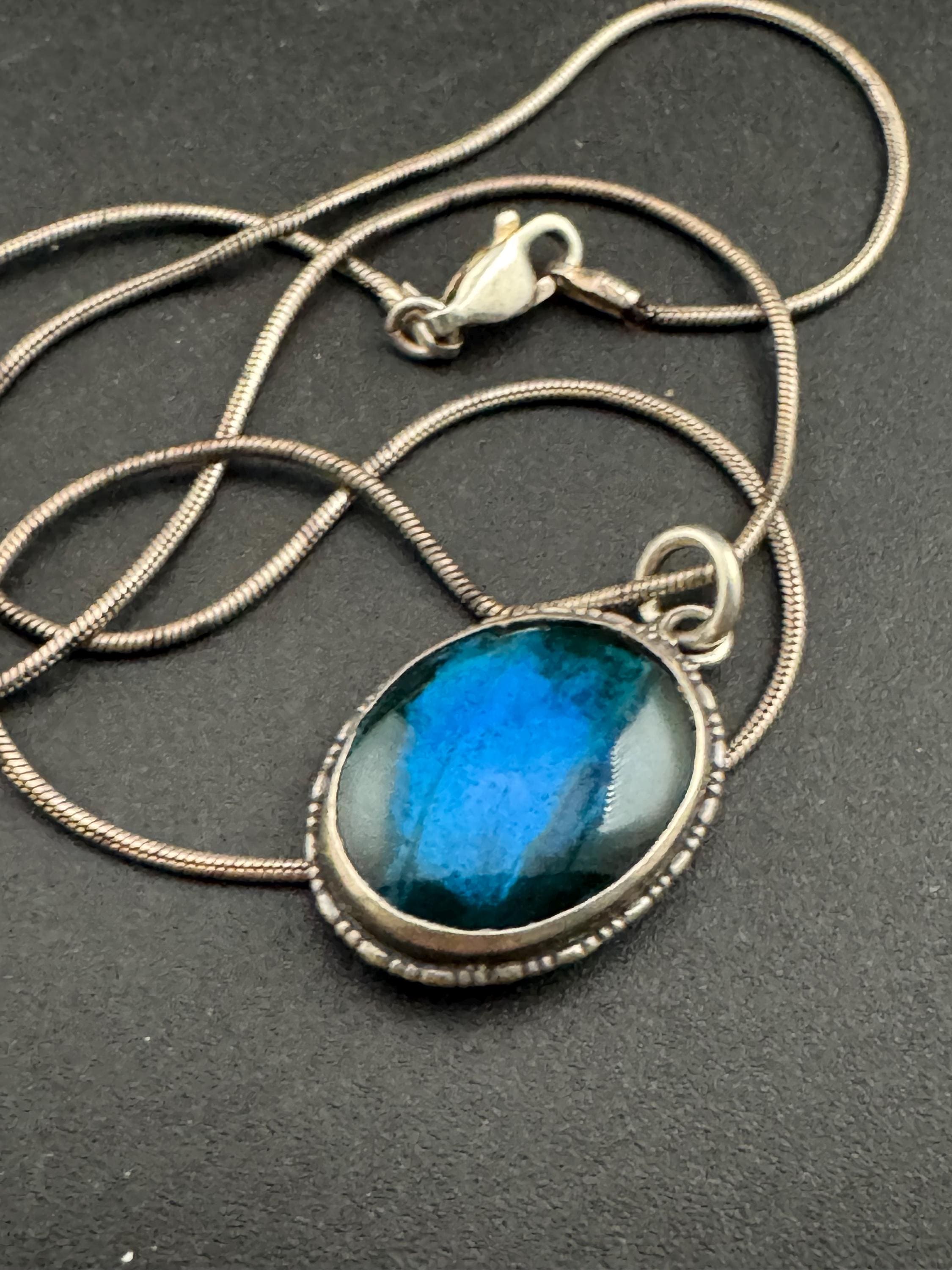 Antique blue butterfly wing oval pendant necklace , 925 sterling silver