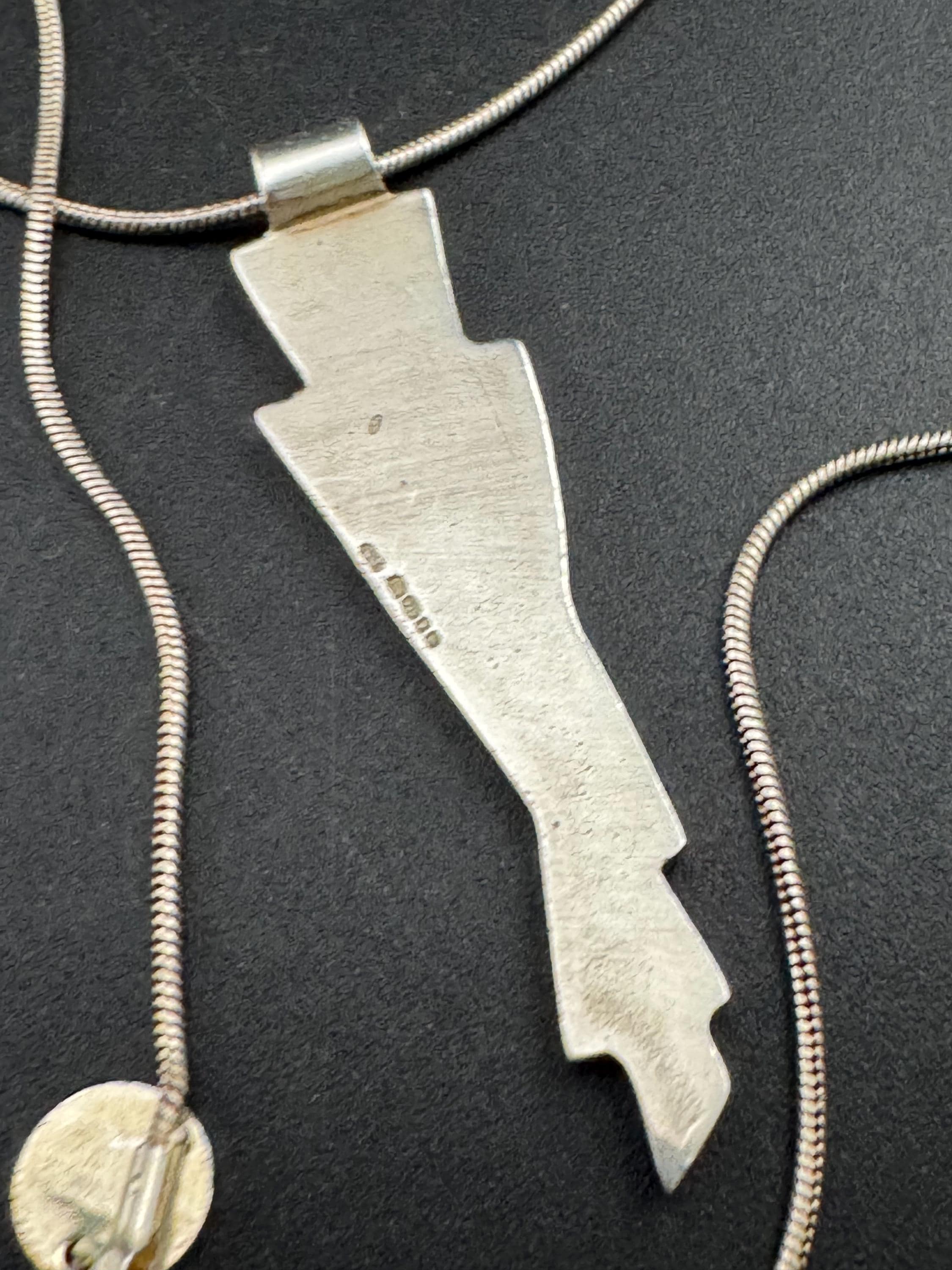 Blue enamel 925 Sterling Silver modernist pendant Necklace, full hallmarks