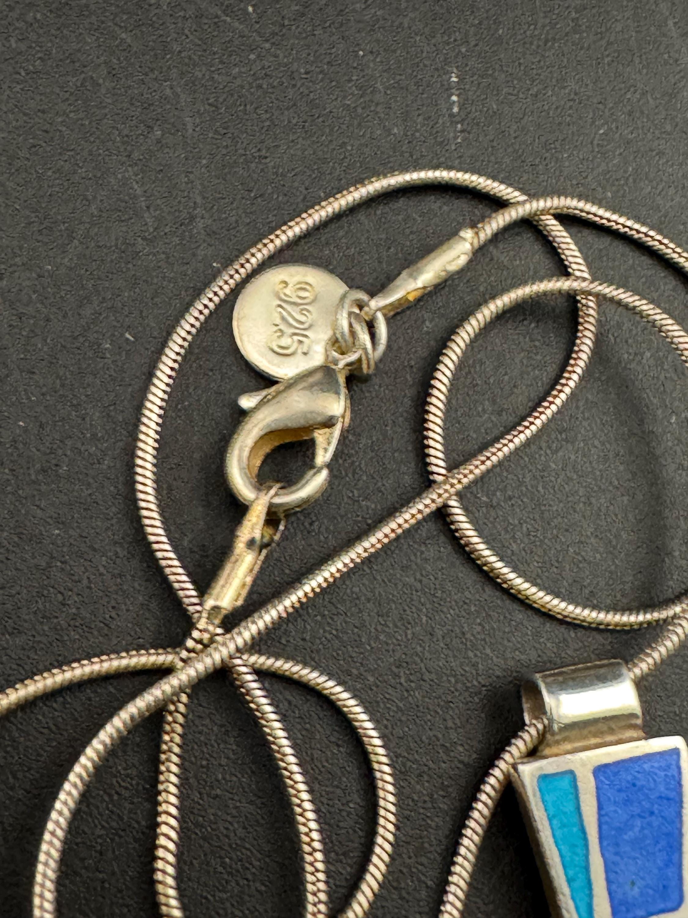 Blue enamel 925 Sterling Silver modernist pendant Necklace, full hallmarks