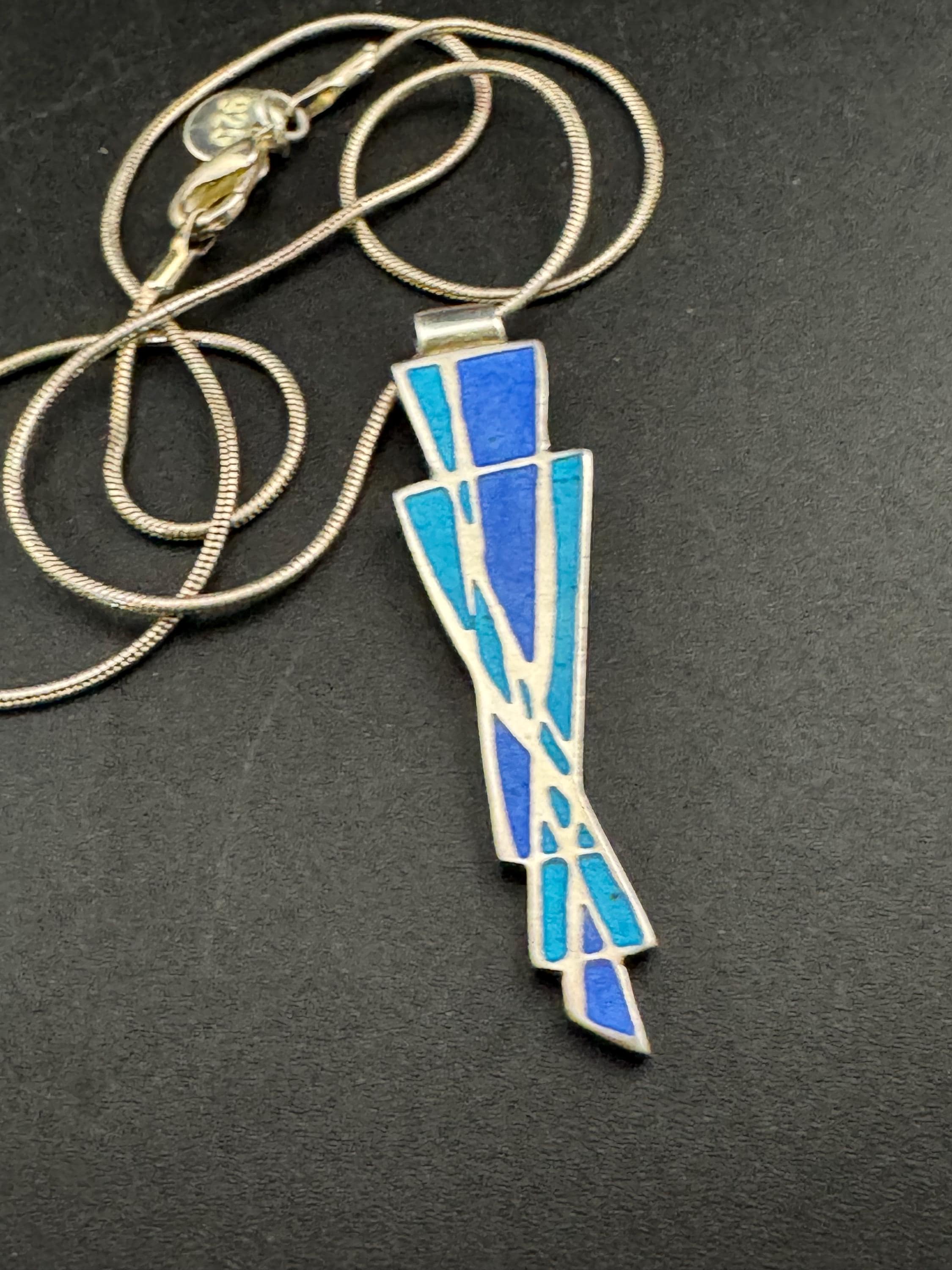 Blue enamel 925 Sterling Silver modernist pendant Necklace, full hallmarks