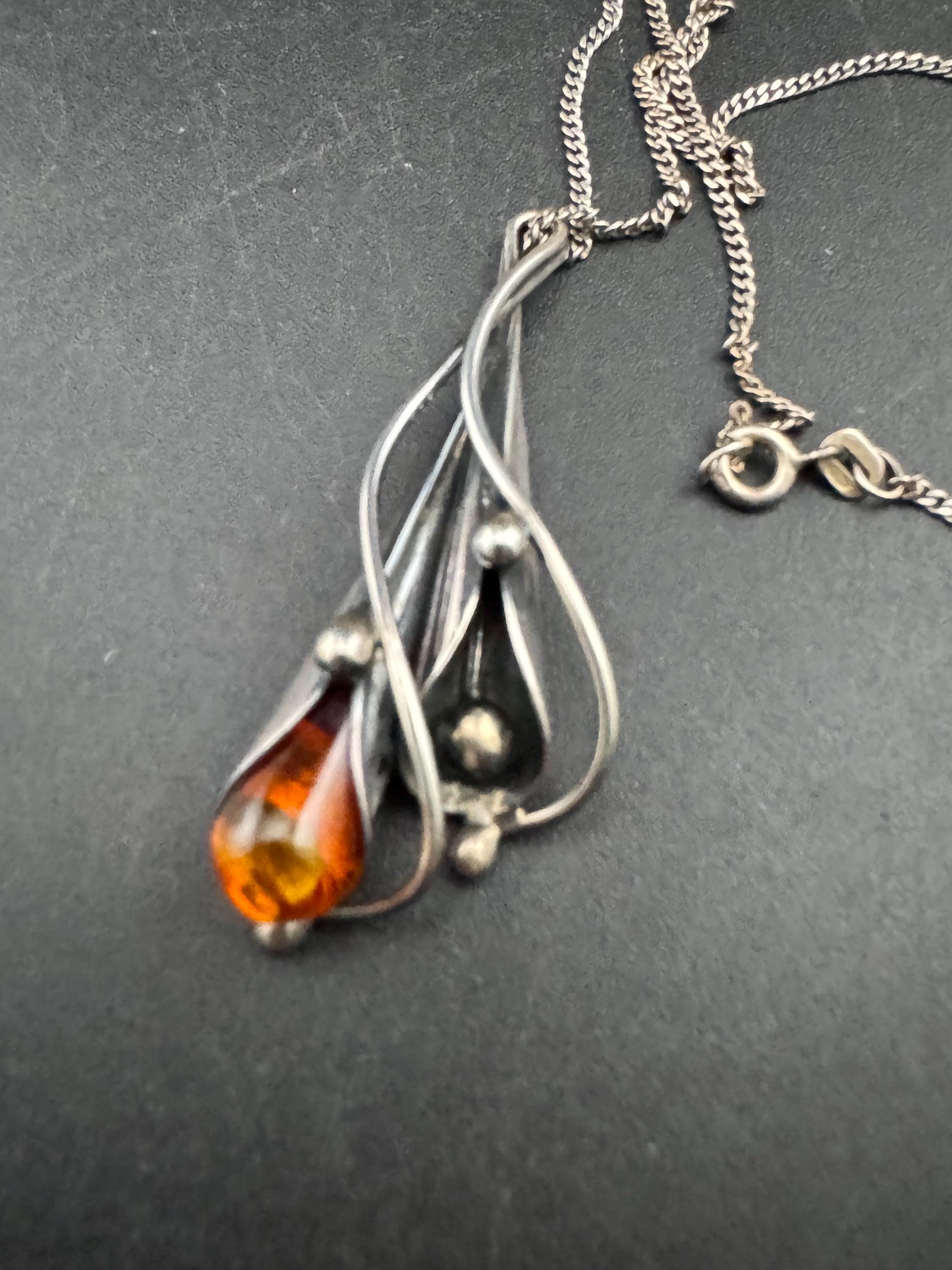 Art nouveau Amber artisan floral pendant necklace, Sterling silver 925