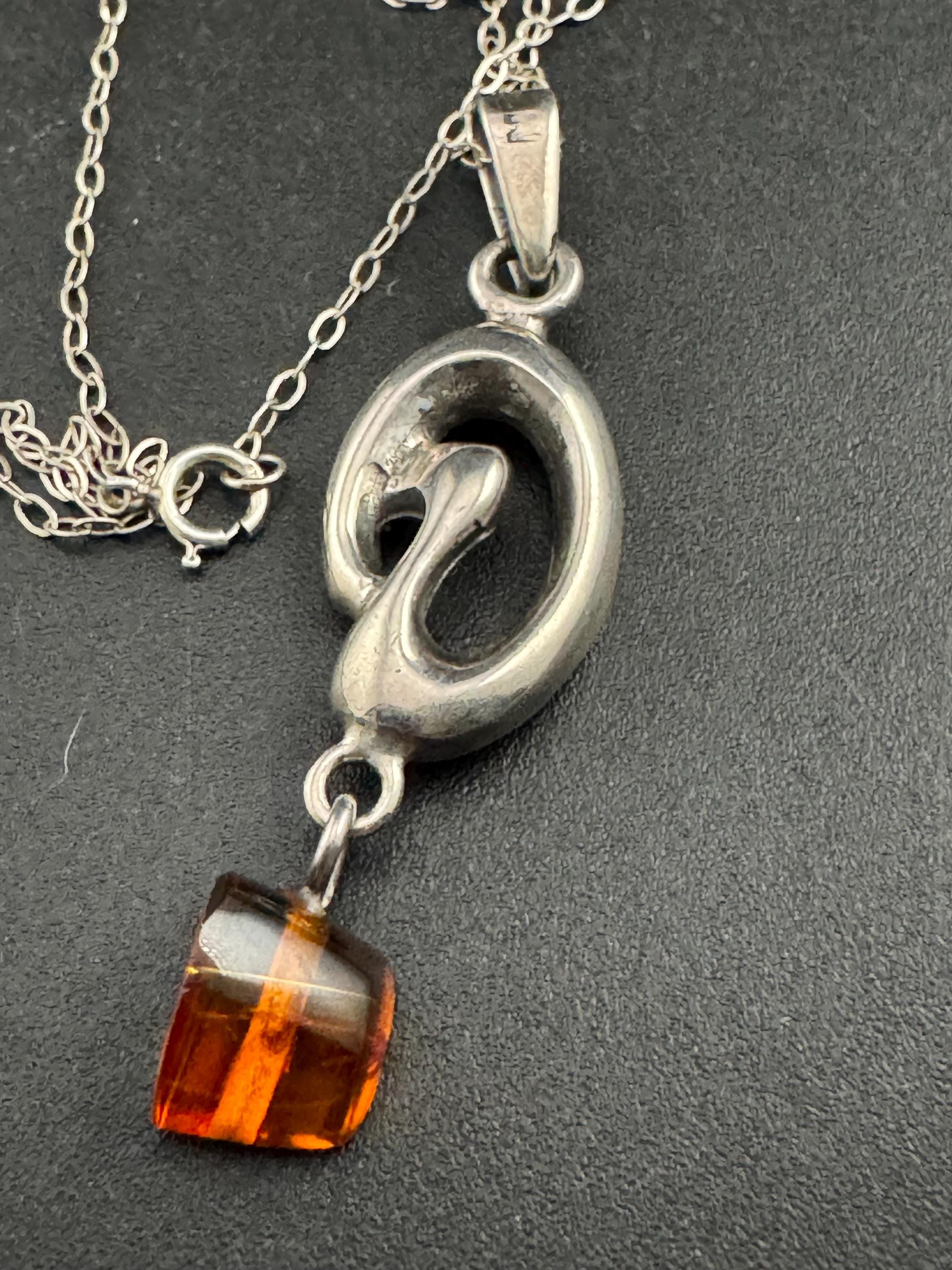 Art nouveau Amber beaded drop pendant necklace, Sterling silver 925