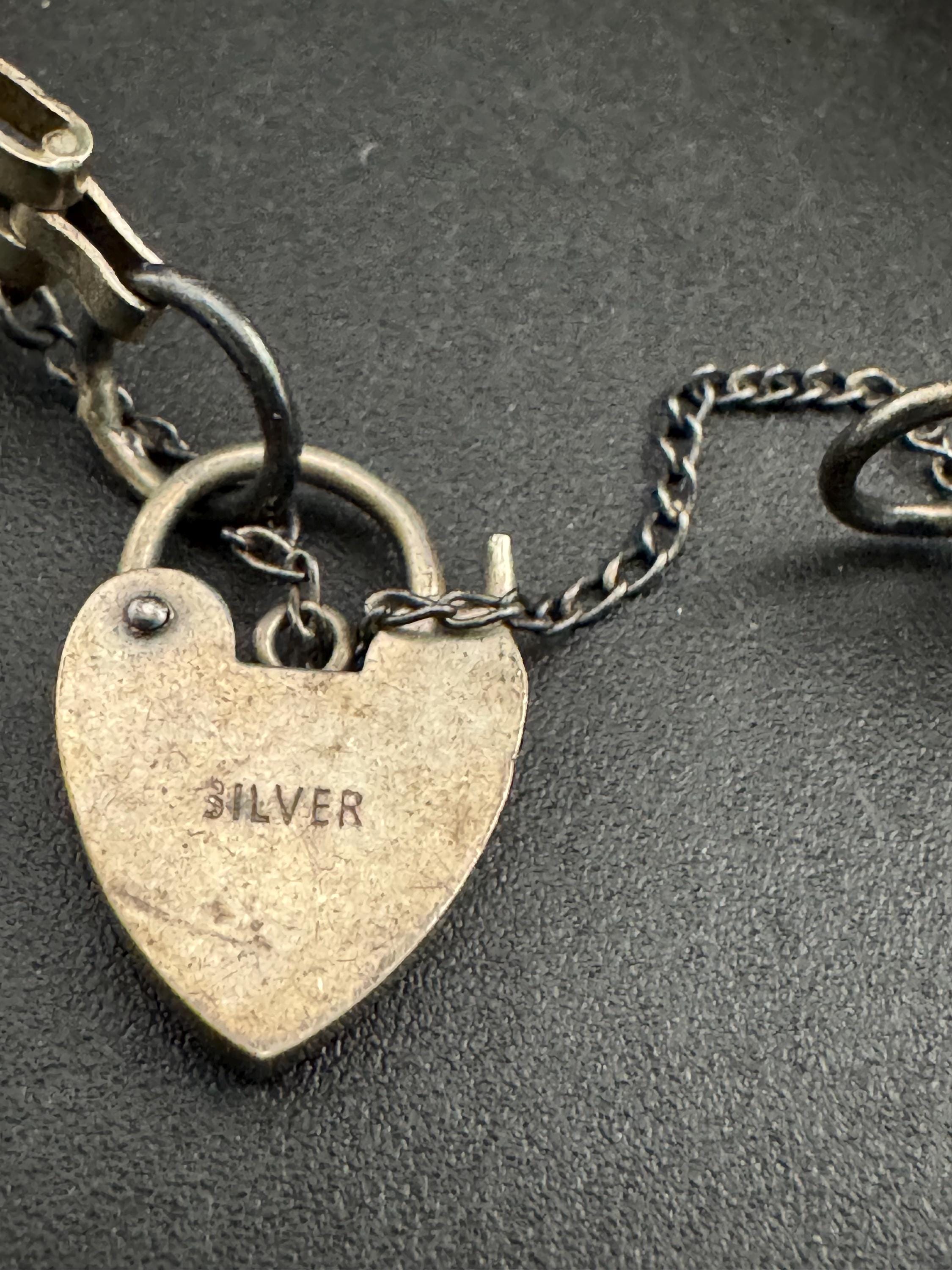 Vintage 925 sterling silver 5 bar gate bracelet with heart padlock and safety chain