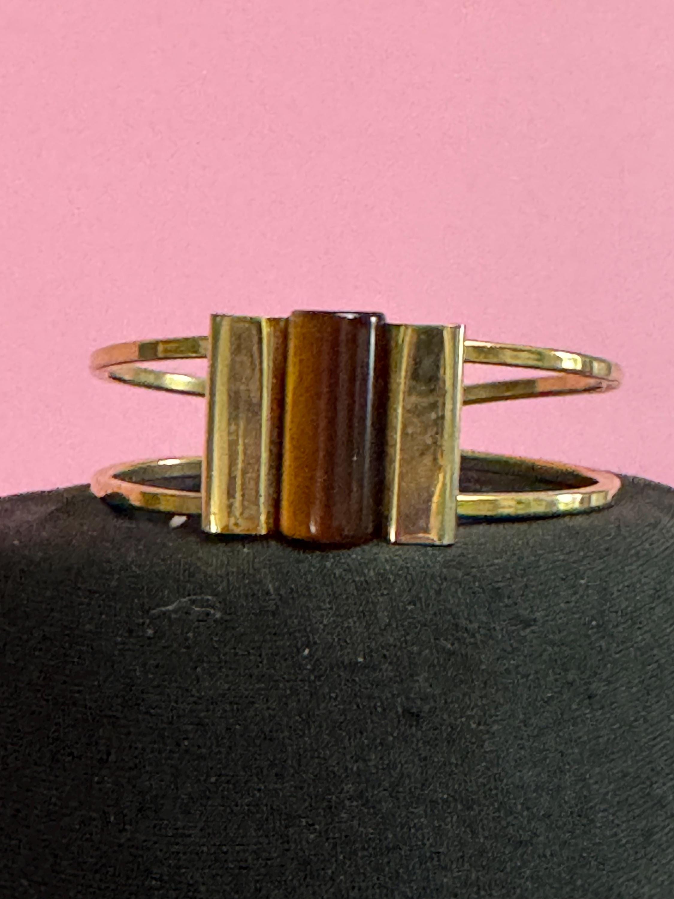 Vintage Art Deco machine age clamper bangle, brown galalith cylinder Jakob bengal style