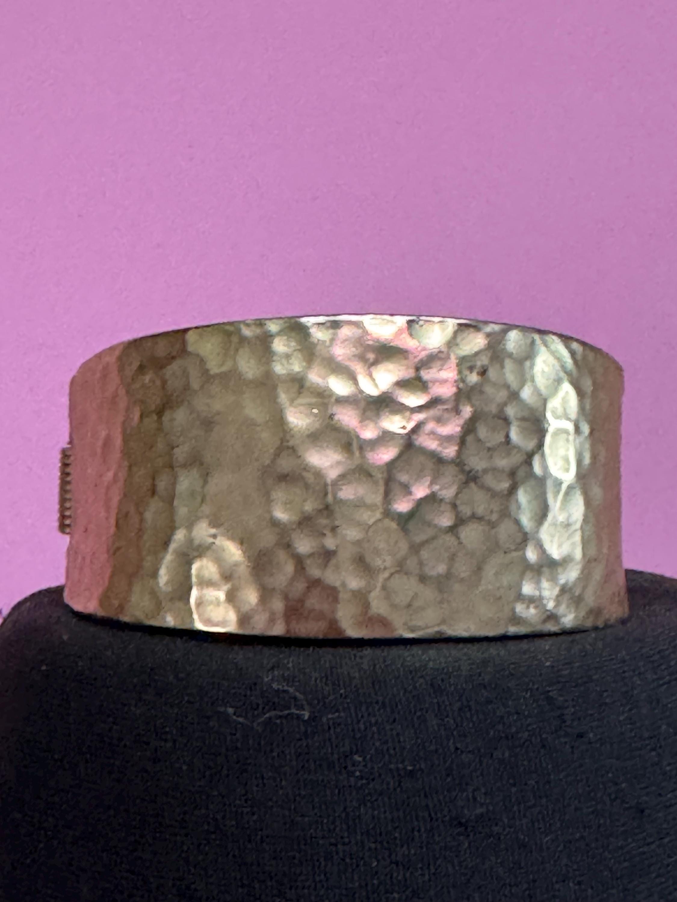 Matt gold clamper bangle bracelet, retro planished finish