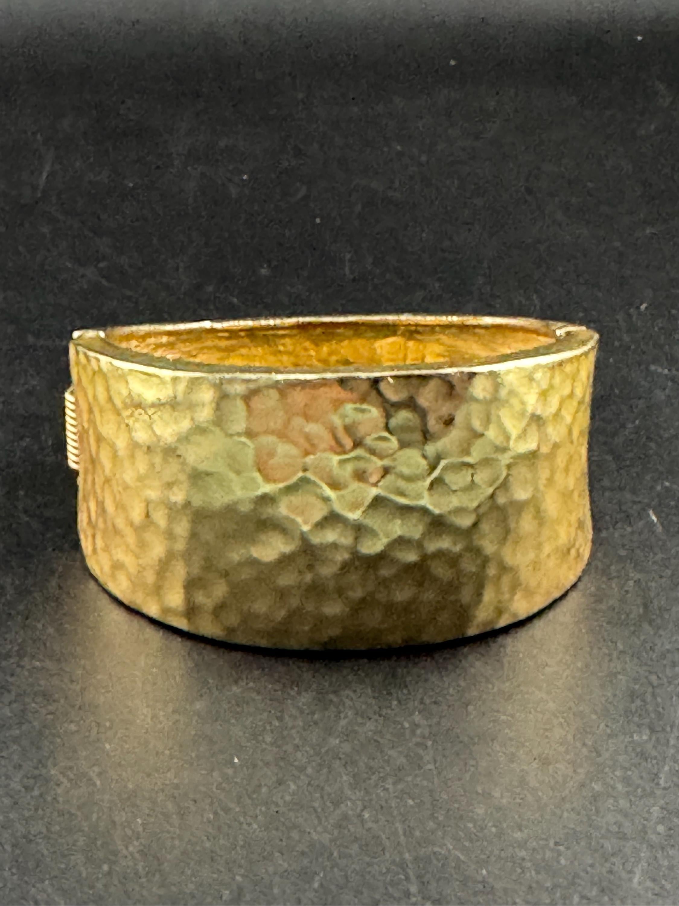 Matt gold clamper bangle bracelet, retro planished finish