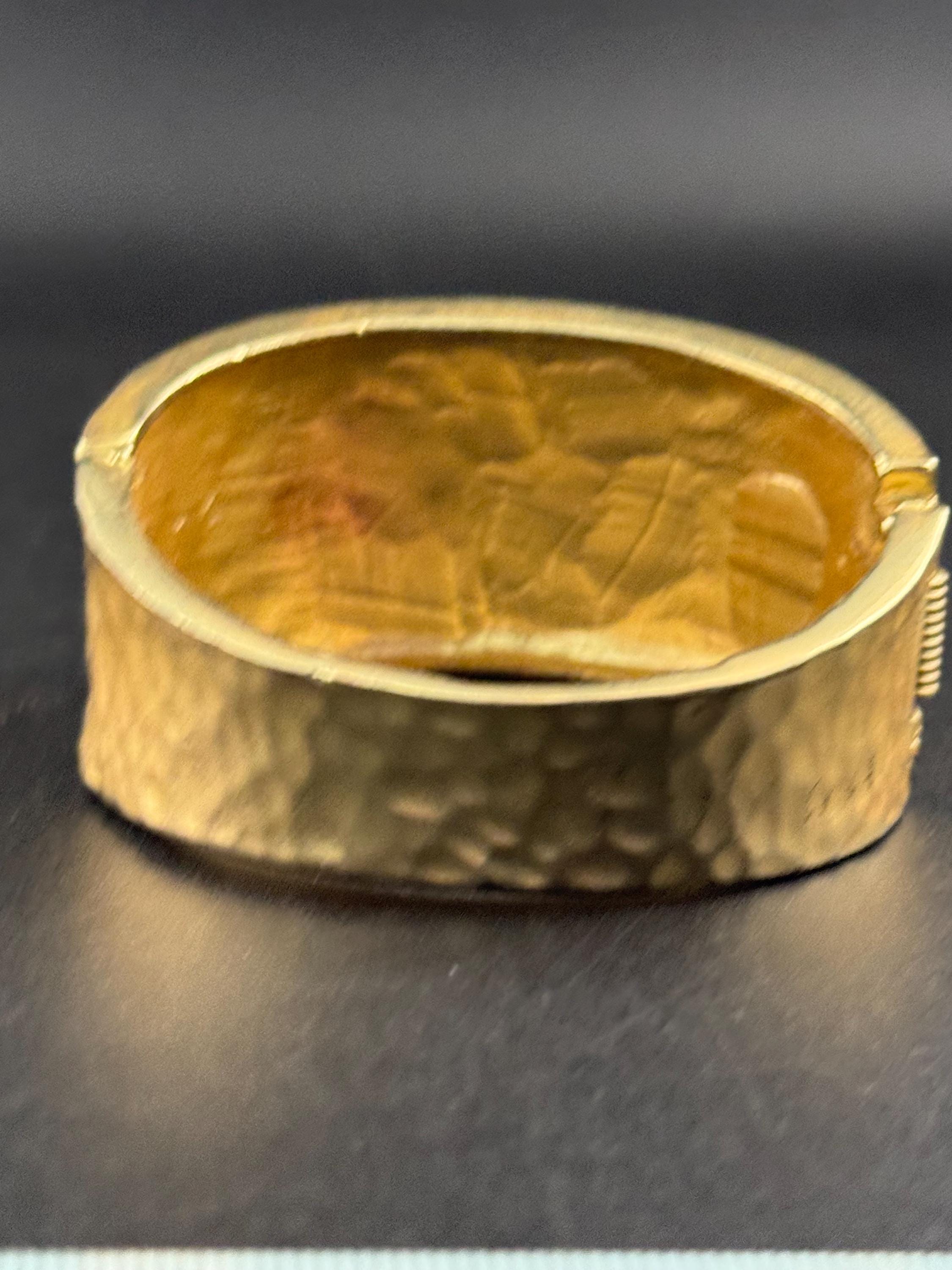 Matt gold clamper bangle bracelet, retro planished finish