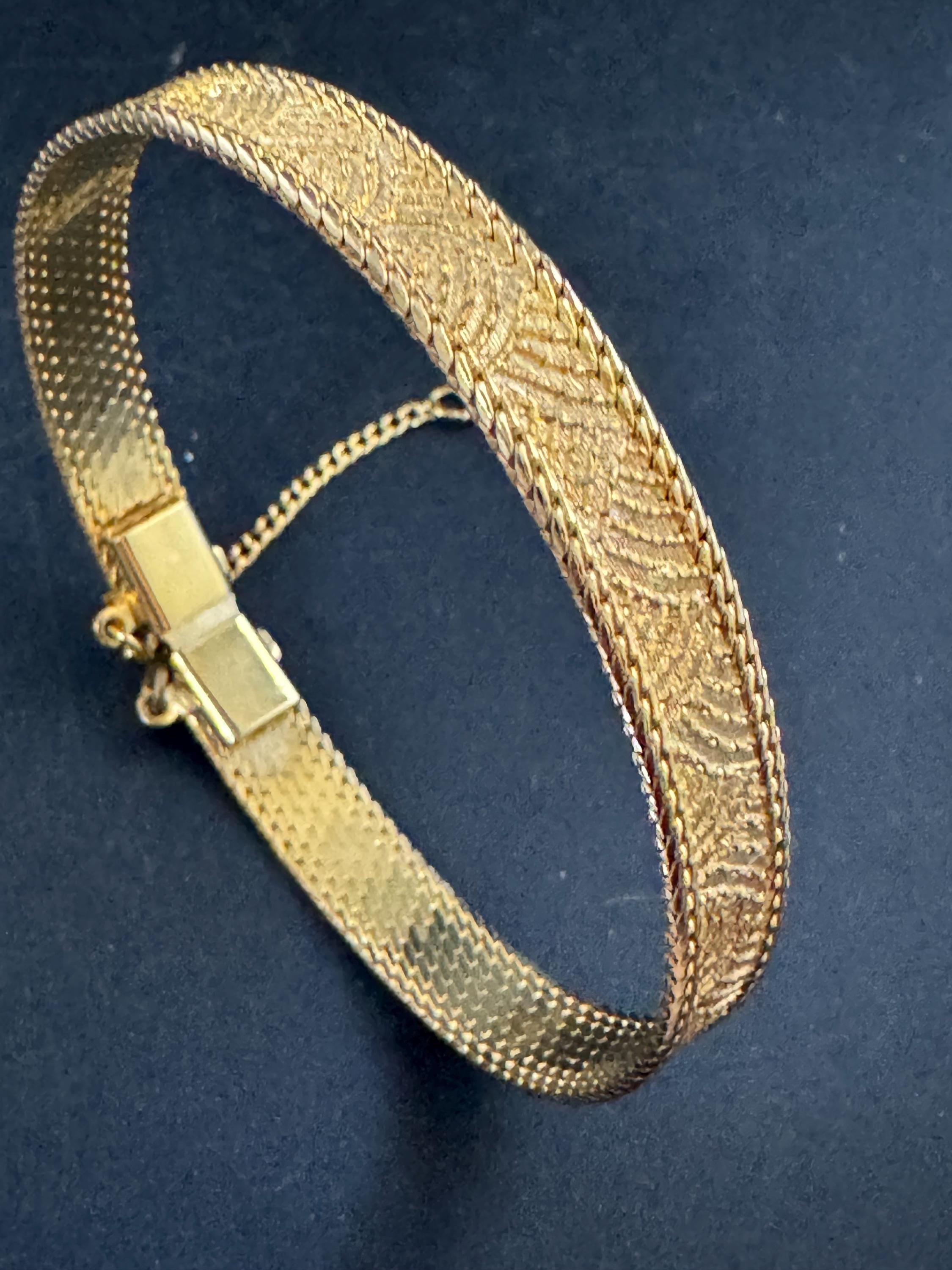 Vintage slim flat mesh bangle bracelet , gold plated with safety chain