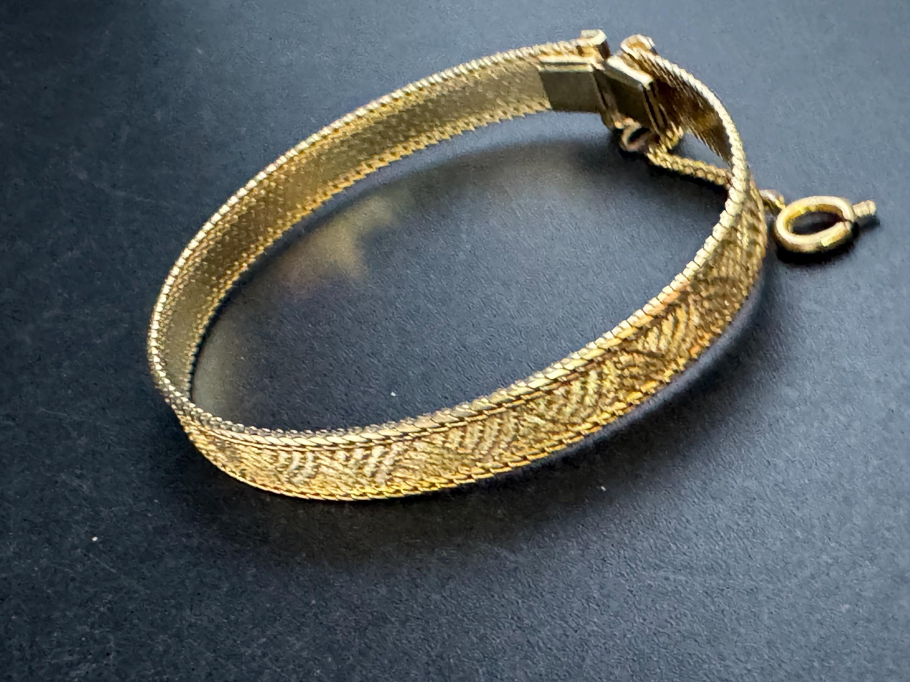 Vintage slim flat mesh bangle bracelet , gold plated with safety chain